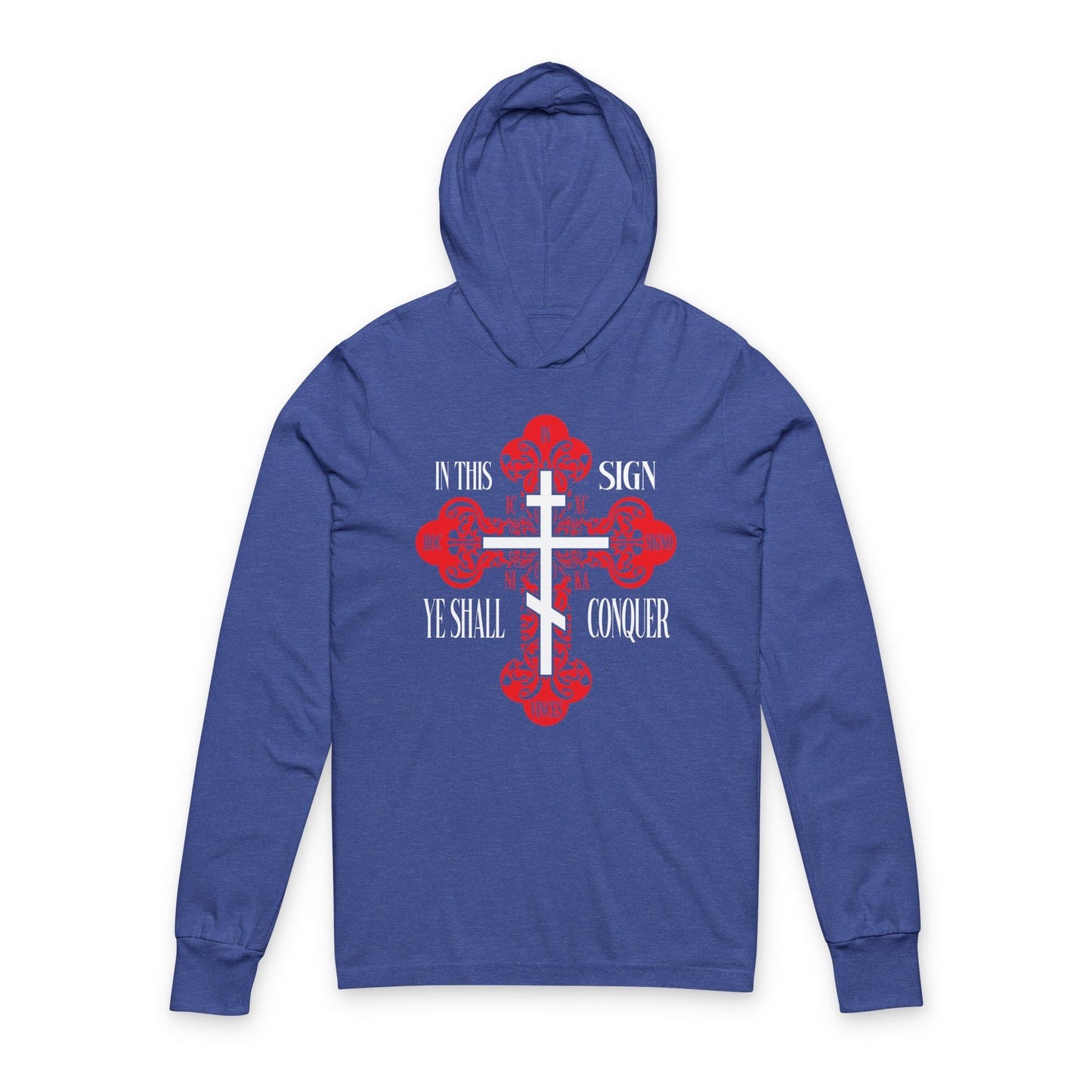 Heather True Royal hoodie featuring a red ornate Orthodox cross and the text "In This Sign Ye Shall Conquer" (In Hoc Signo Vinces, ICXC NIKA, Jesus Christ Conquers). Christian hooded shirt inspired by the Holy Cross.