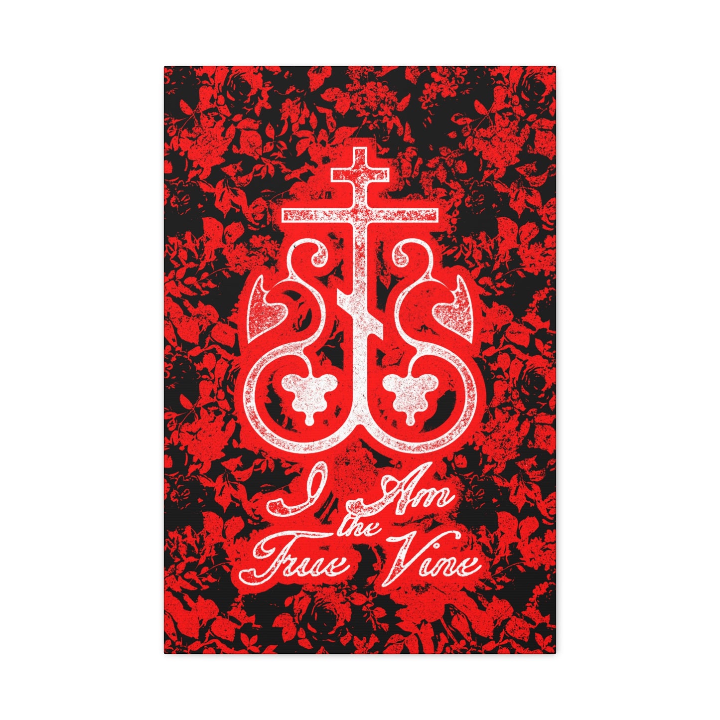 I Am the True Vine (John 15:1) | Orthodox Cross Vine Monogram | Red and Black Floral Design | Orthodox Christian Canvas Art