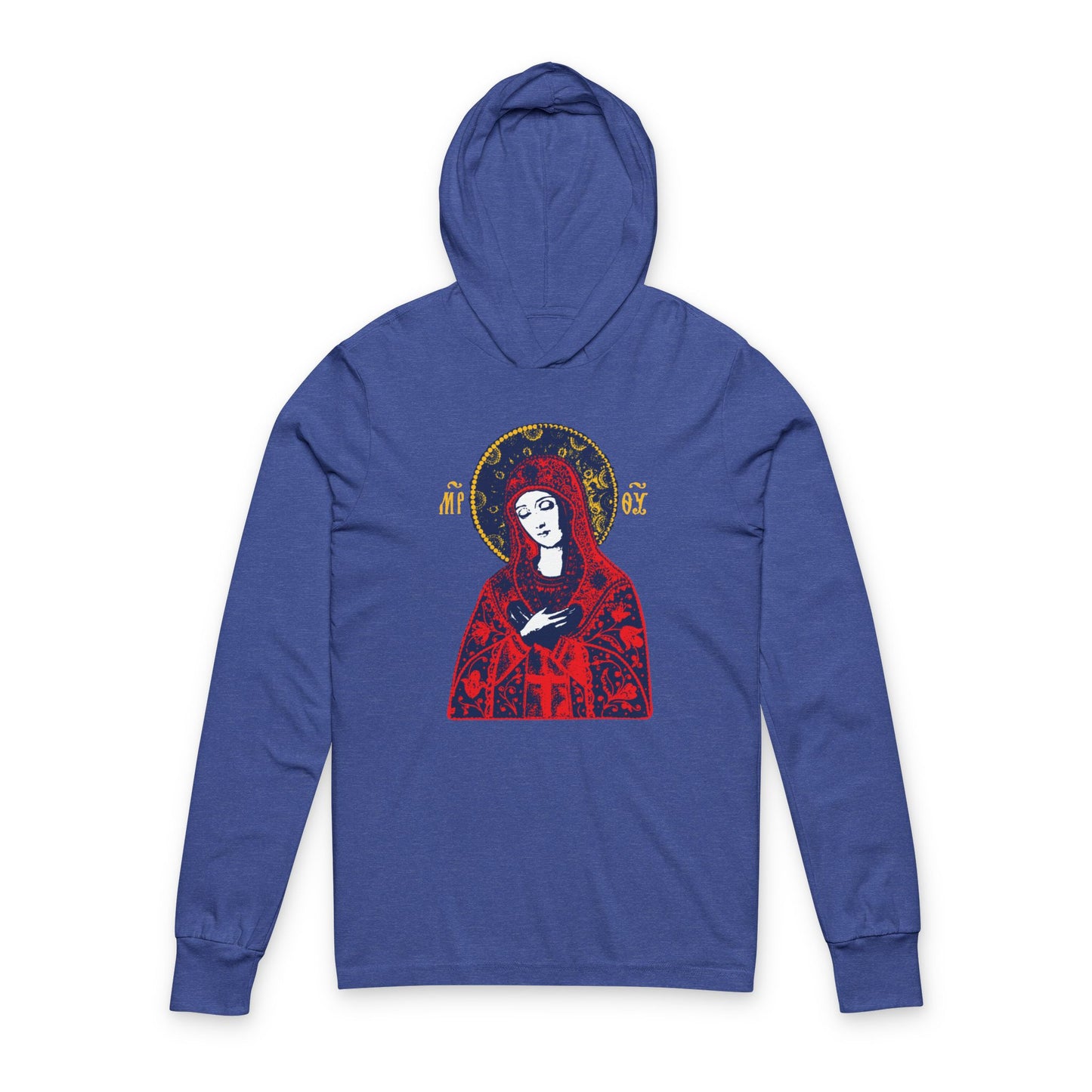 Joy of All Joys Tenderness Theotokos Iconographic Based on Traditional Orthodox Iconography | Red Design | Orthodox Long Sleeve Hooded Shirt