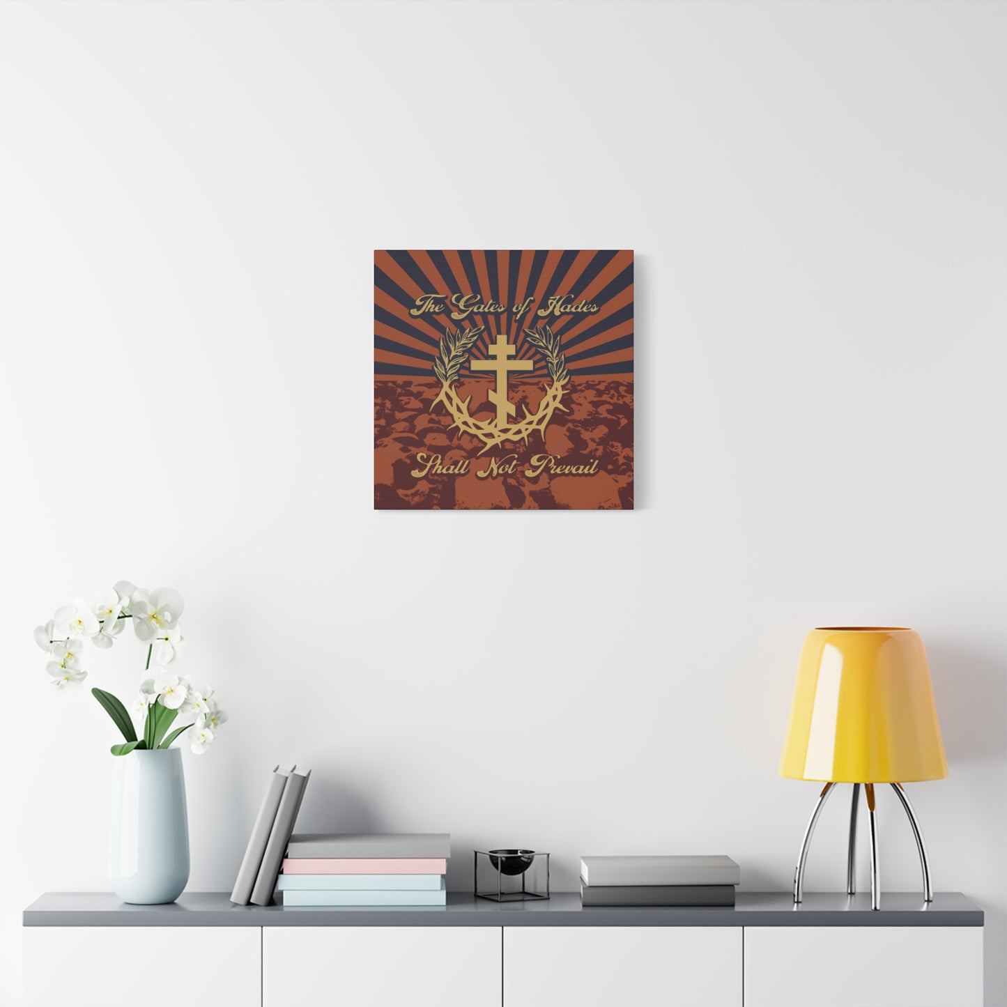 The Gates of Hades Shall Not Prevail | Cross with Wreath & Crown of Thorns | Skulls and Rays | Orthodox Christian Canvas Art