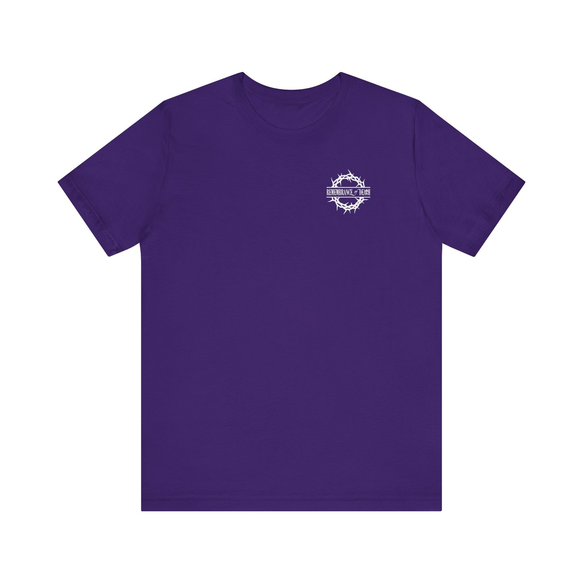 Purple t-shirt featuring a small branded front and a bold back print: "Dead to this World" with a Christian goth flower cross, skull, and 70s typography—Orthodox-inspired, themed around the Ladder of Divine Ascent and renunciation.