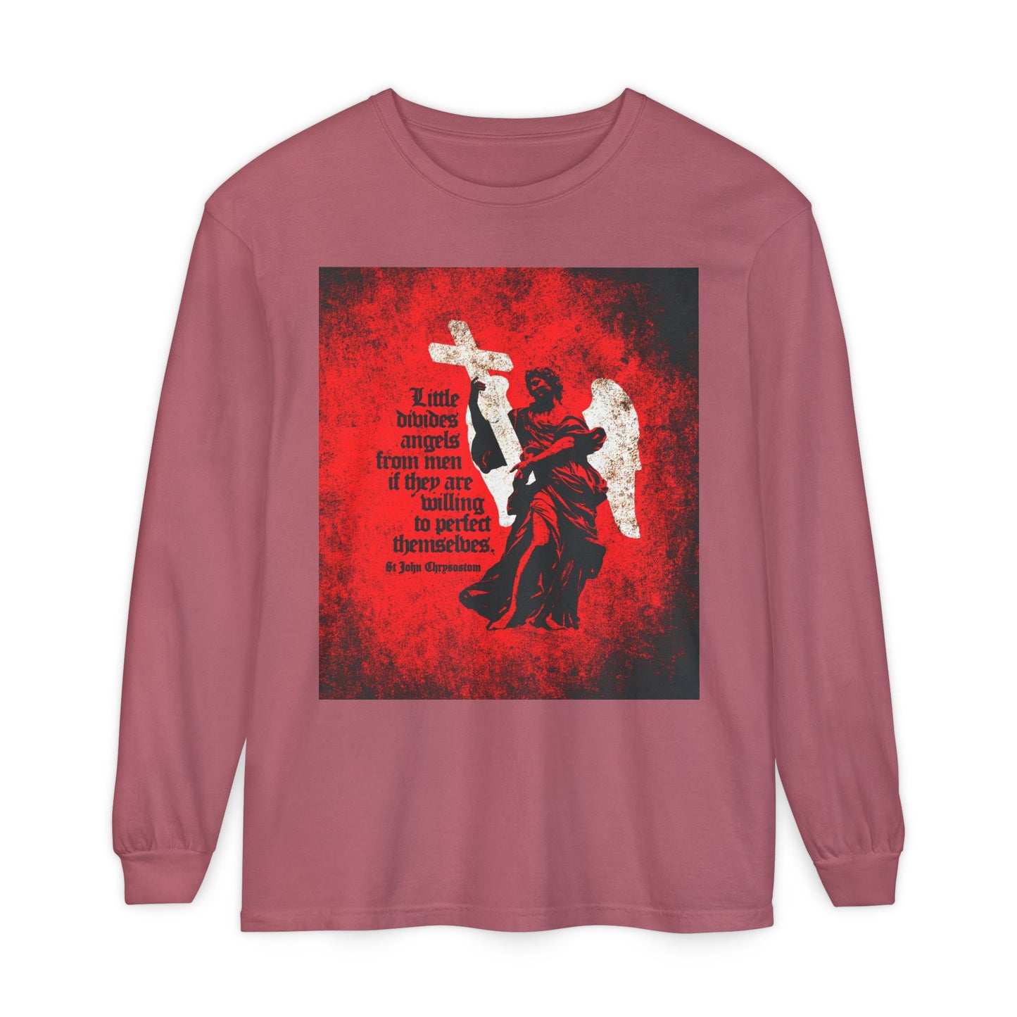 Little Divides Angels from Men | Christian Perfection | St John Chrysostom | Textured Cemetery Angel | Orthodox Christian Long Sleeve Shirt
