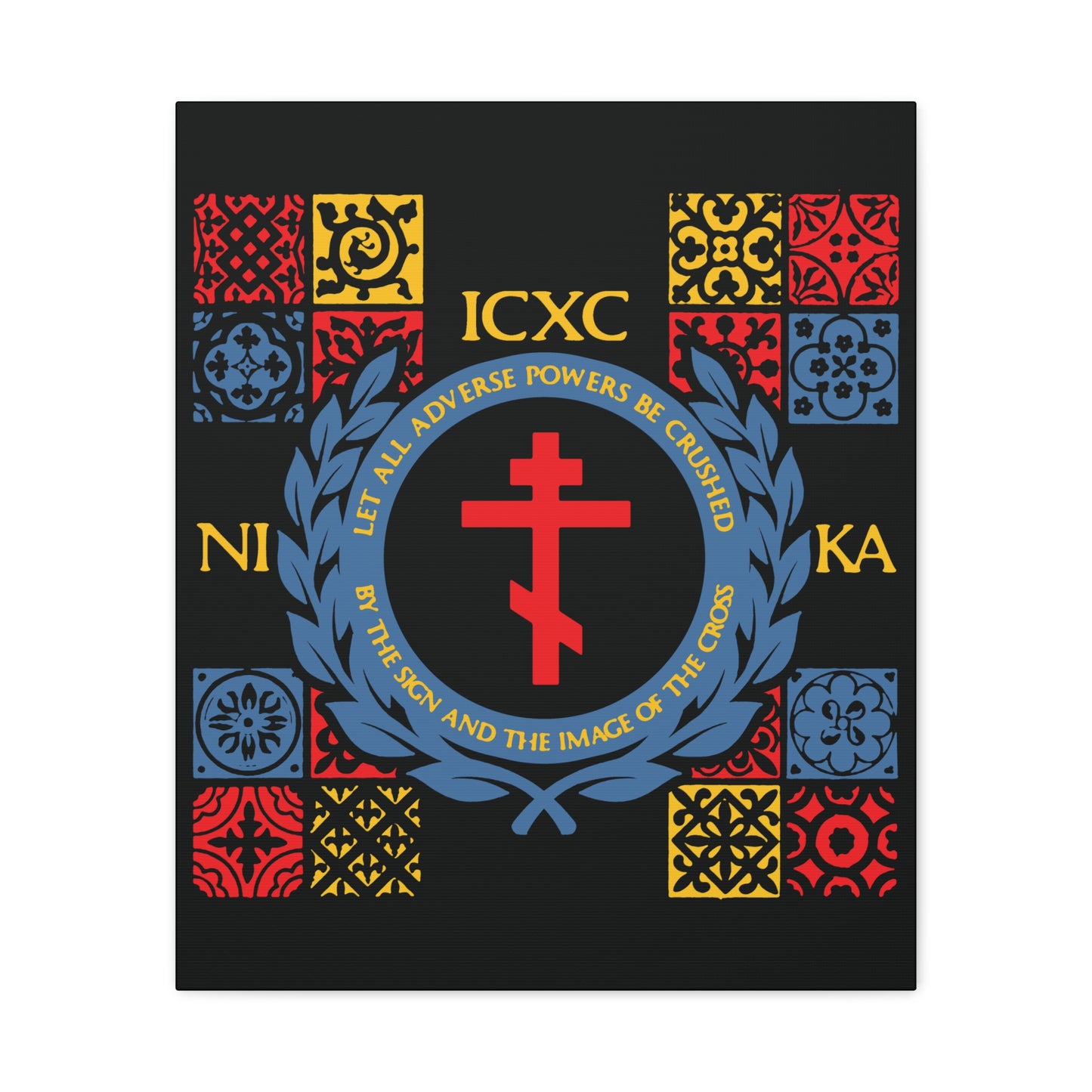 Let All Adverse Powers Be Crushed (Red, Yellow & Blue Design) | ICXC NIKA | Medieval Tile Design | Orthodox Christian Canvas Art