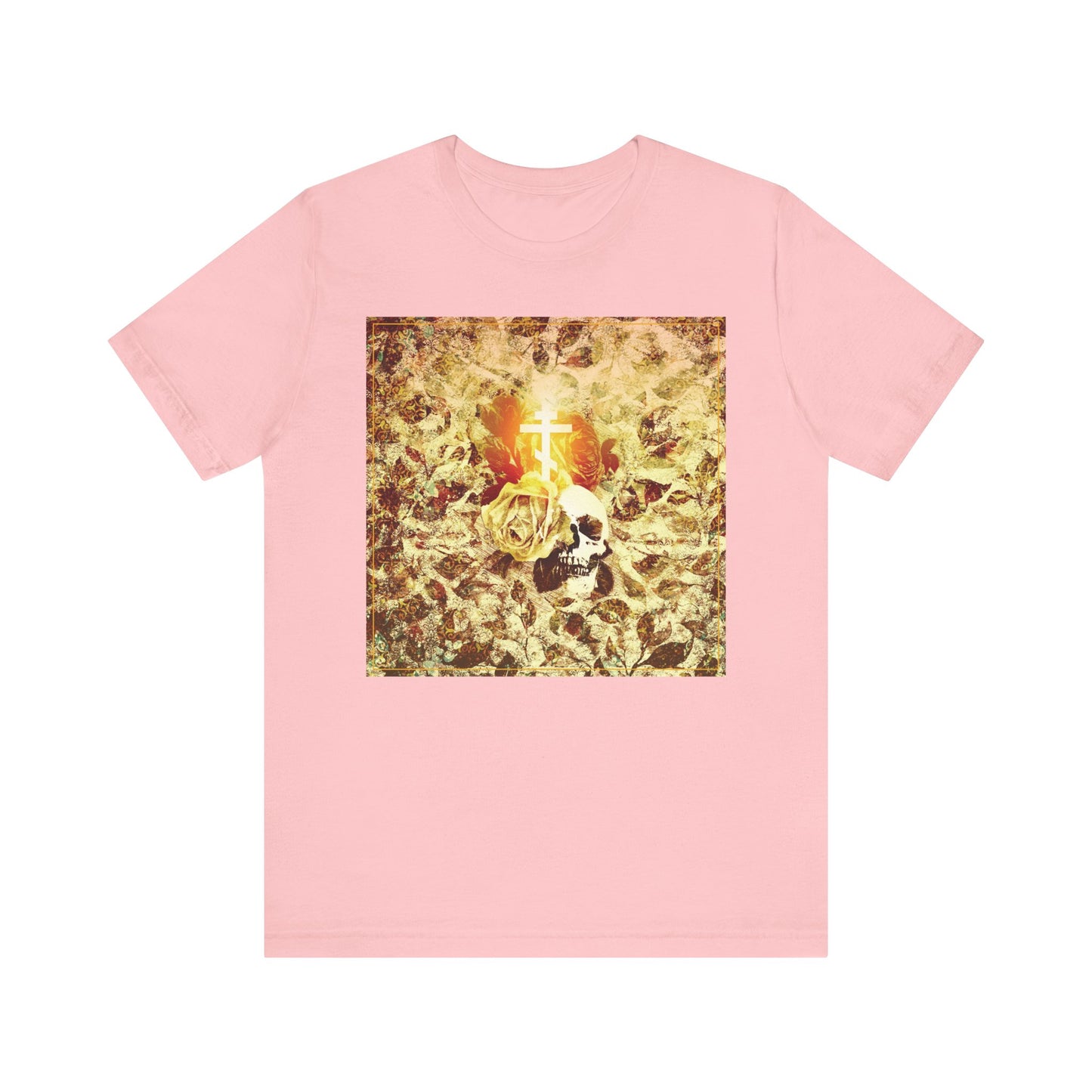 The pink "Rose & Skull Glowing Orthodox Cross" tee features a gothic Christian aesthetic with a floral texture, yellow roses, a skull, and cross graphic on lightweight cotton.