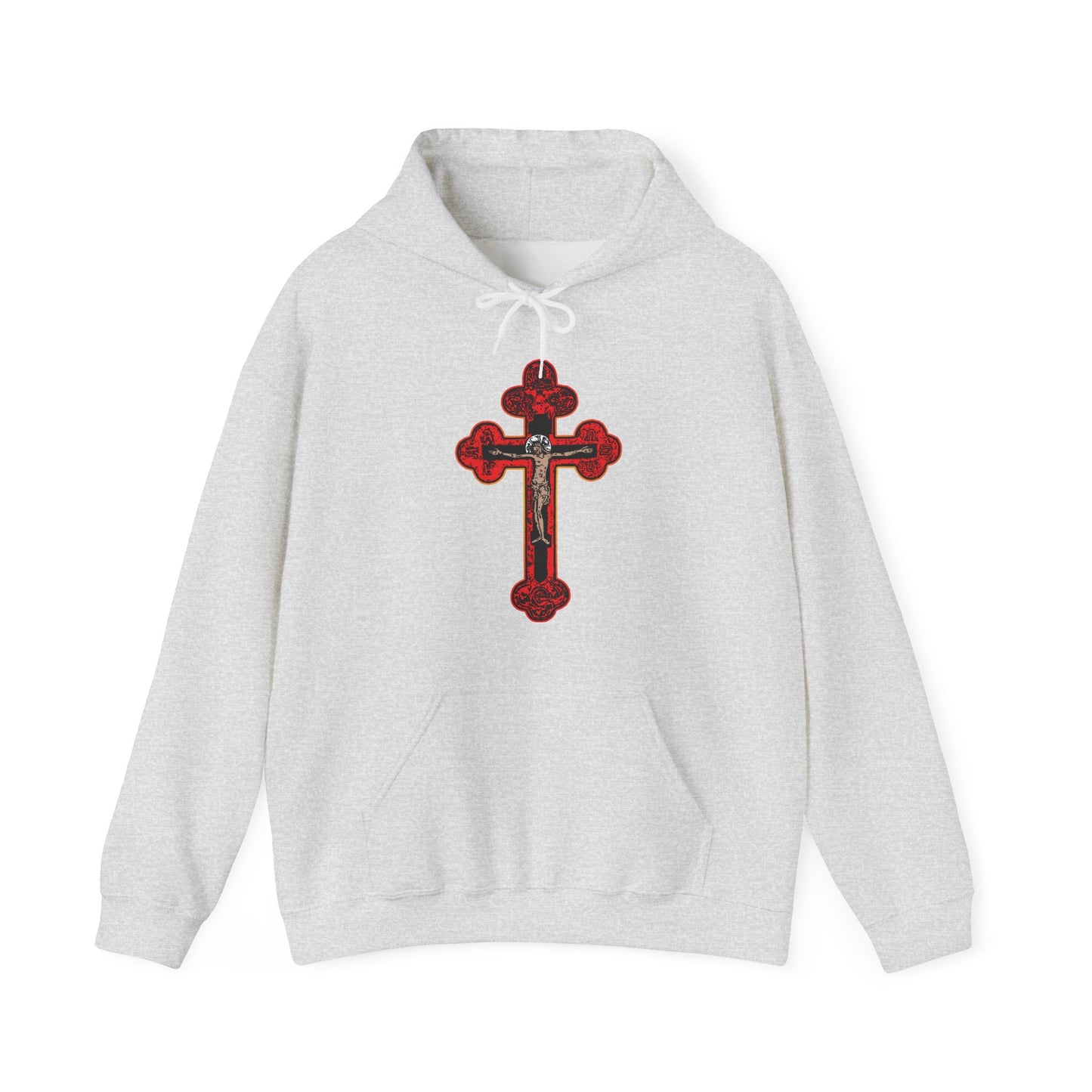 Ash-colored hoodie with a bold red and black Byzantine Golgotha Crucifix on the front, inspired by Isaiah 53:3-5. Features Alpha & Omega and "I Am Crucified With Christ" Christian lettering.
