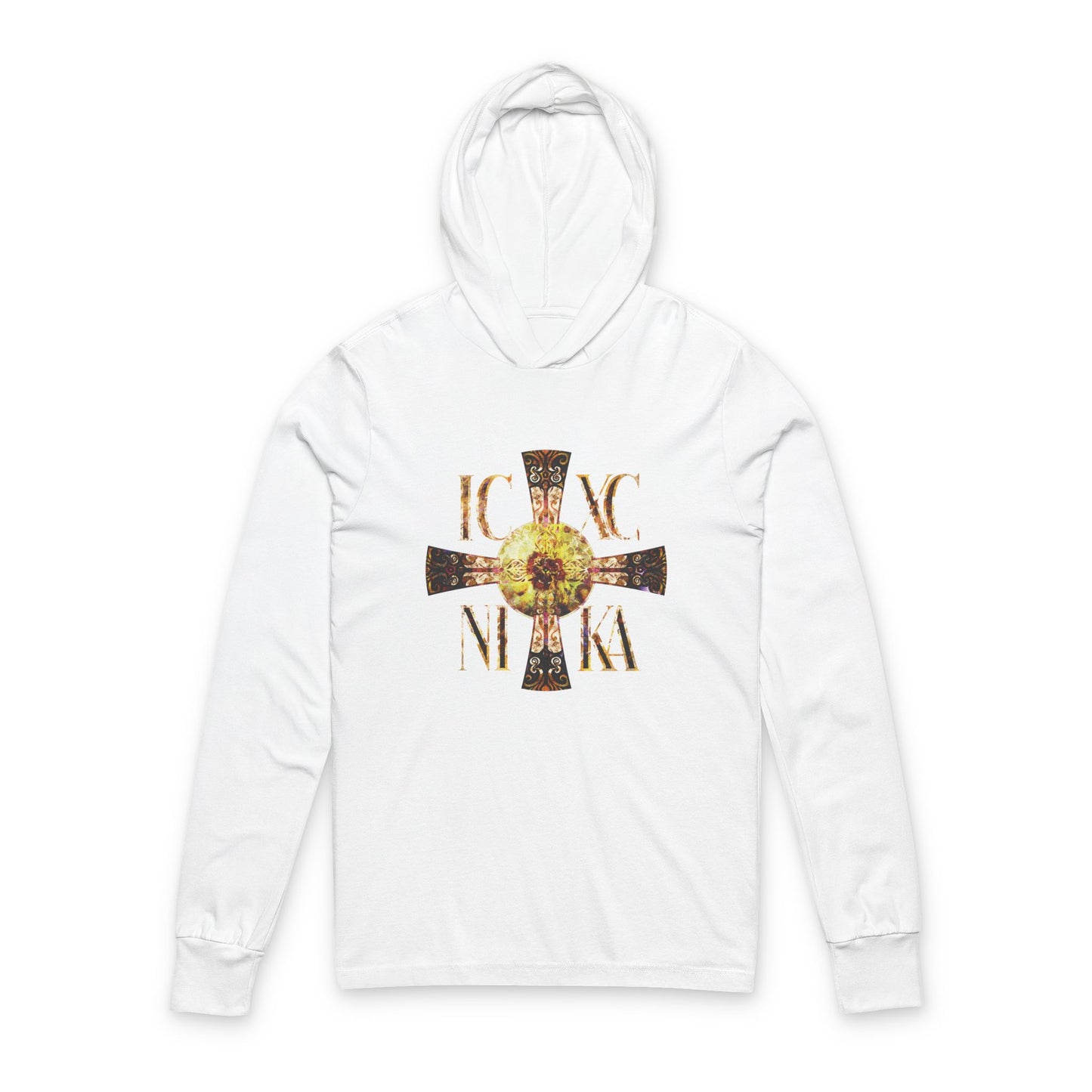 ICXC NIKA Celtic Style Equal Armed Cross | Bright Solar Texture | Orthodox Long Sleeve Hooded Shirt