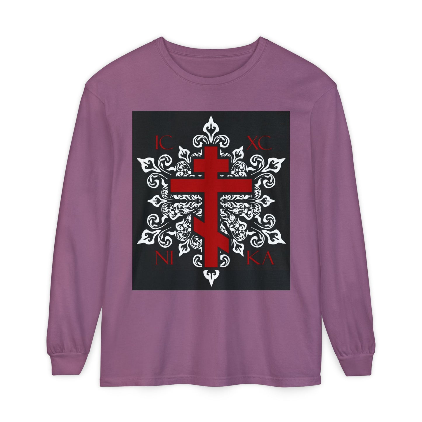 ICXC / NIKA Red Orthodox Cross on Ornate White Medieval Floral Design | Exclusive Best-Selling | Orthodox Christian Long Sleeve Shirt