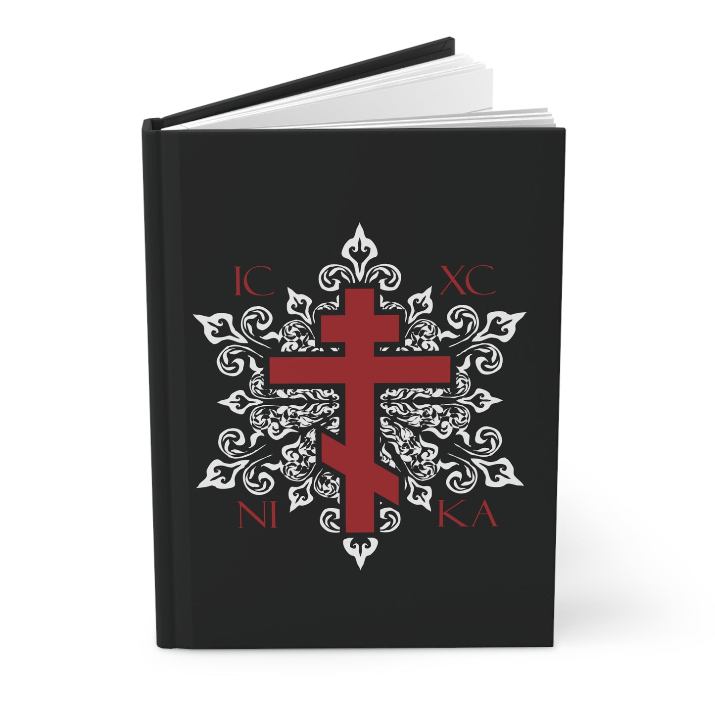 ICXC / NIKA Red Orthodox Cross on Ornate White Medieval Floral Design | Exclusive Best-Selling | Orthodox Christian Hardcover Journal