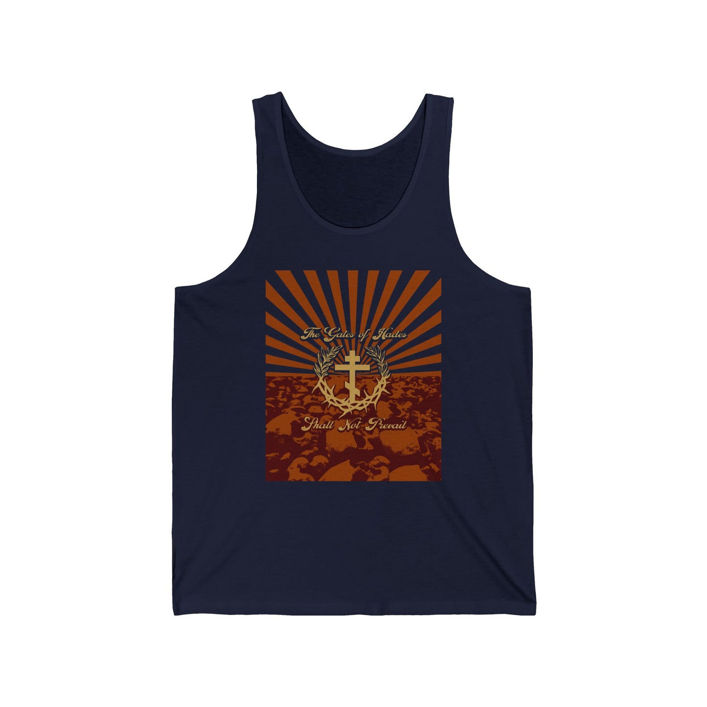 The Gates of Hades Shall Not Prevail | Cross with Wreath & Crown of Thorns | Skulls and Rays | Orthodox Christian Jersey Tank Top
