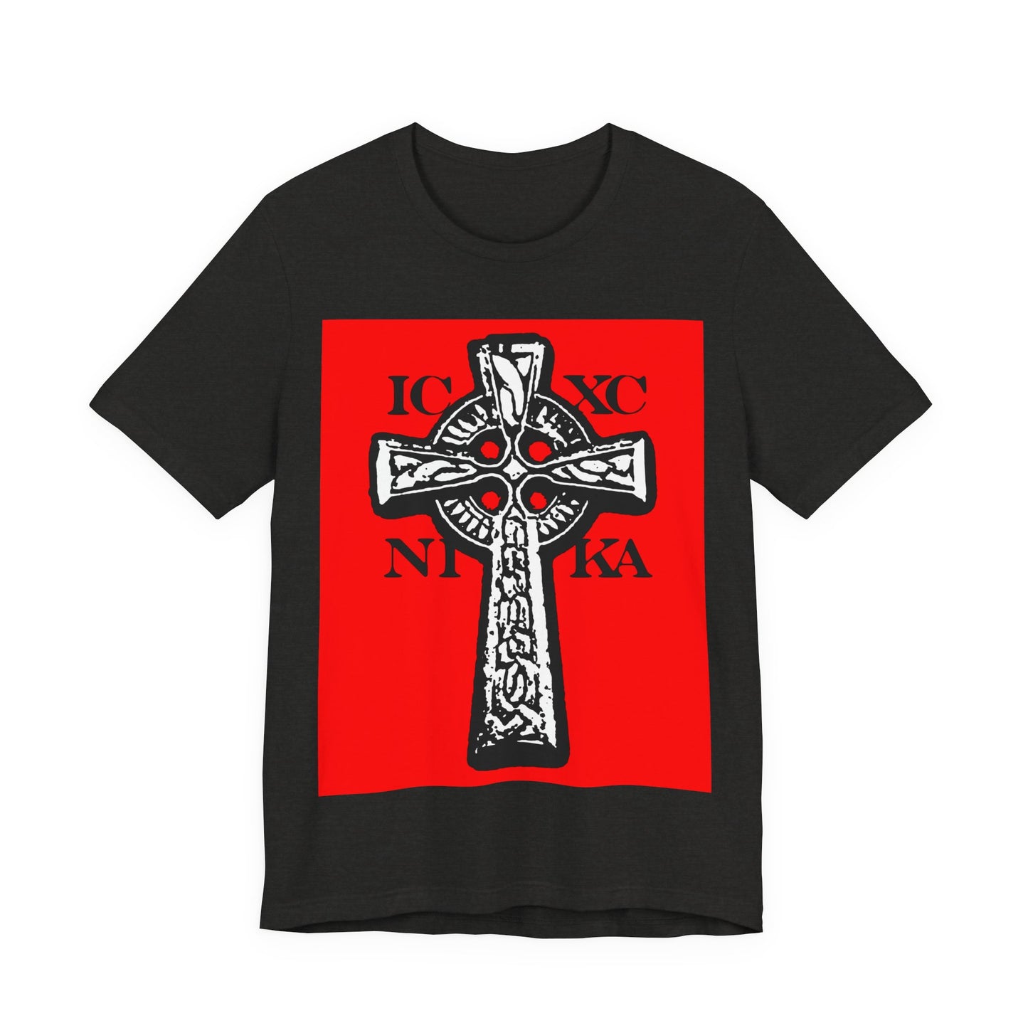Black Heather ICXC NIKA Celtic Knotwork Cross T-shirt features a bold black and white cross design on a red background, symbolizing "Jesus Christ Conquers" in traditional Orthodox Christian style.