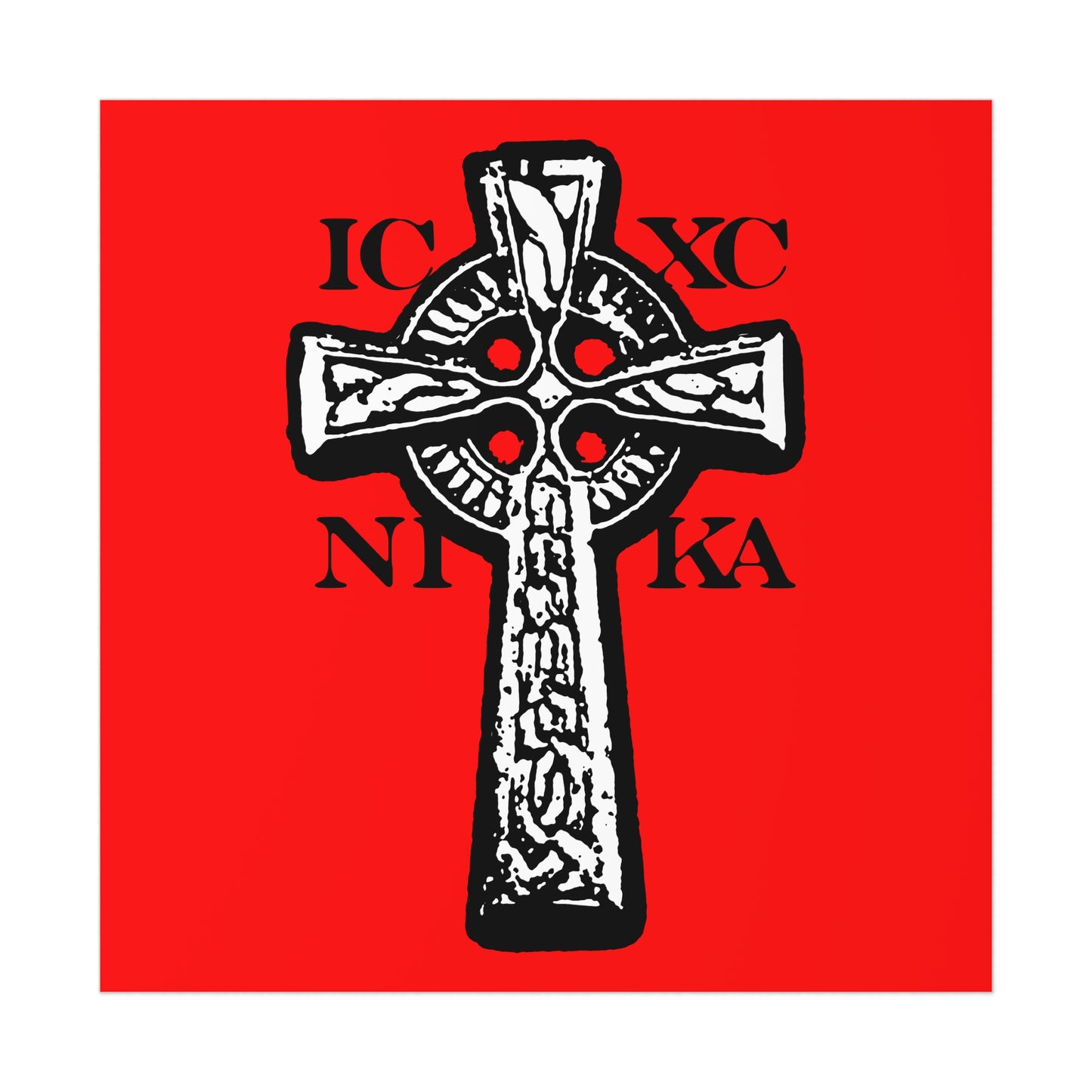 The ICXC NIKA Celtic Knotwork Cross is a traditional Orthodox Christian art poster featuring a black and white cross on a red background with "Jesus Christ Conquers" in Greek letters.