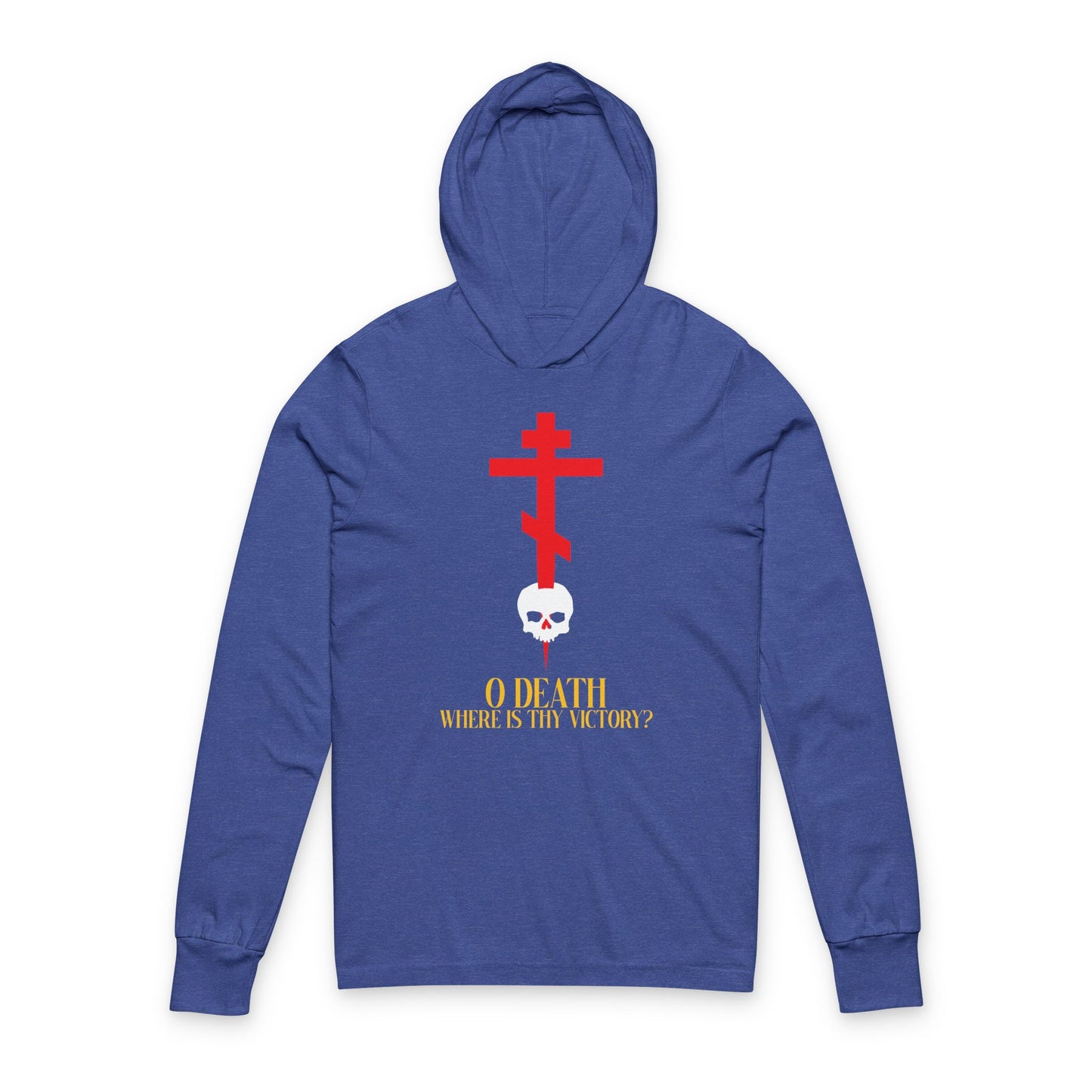 Heather True Royal long sleeve hoodie featuring a cross stabbing a skull with yellow "O Death Where Is Thy Victory?" text, inspired by 1 Corinthians 15:55. Orthodox Christian design.