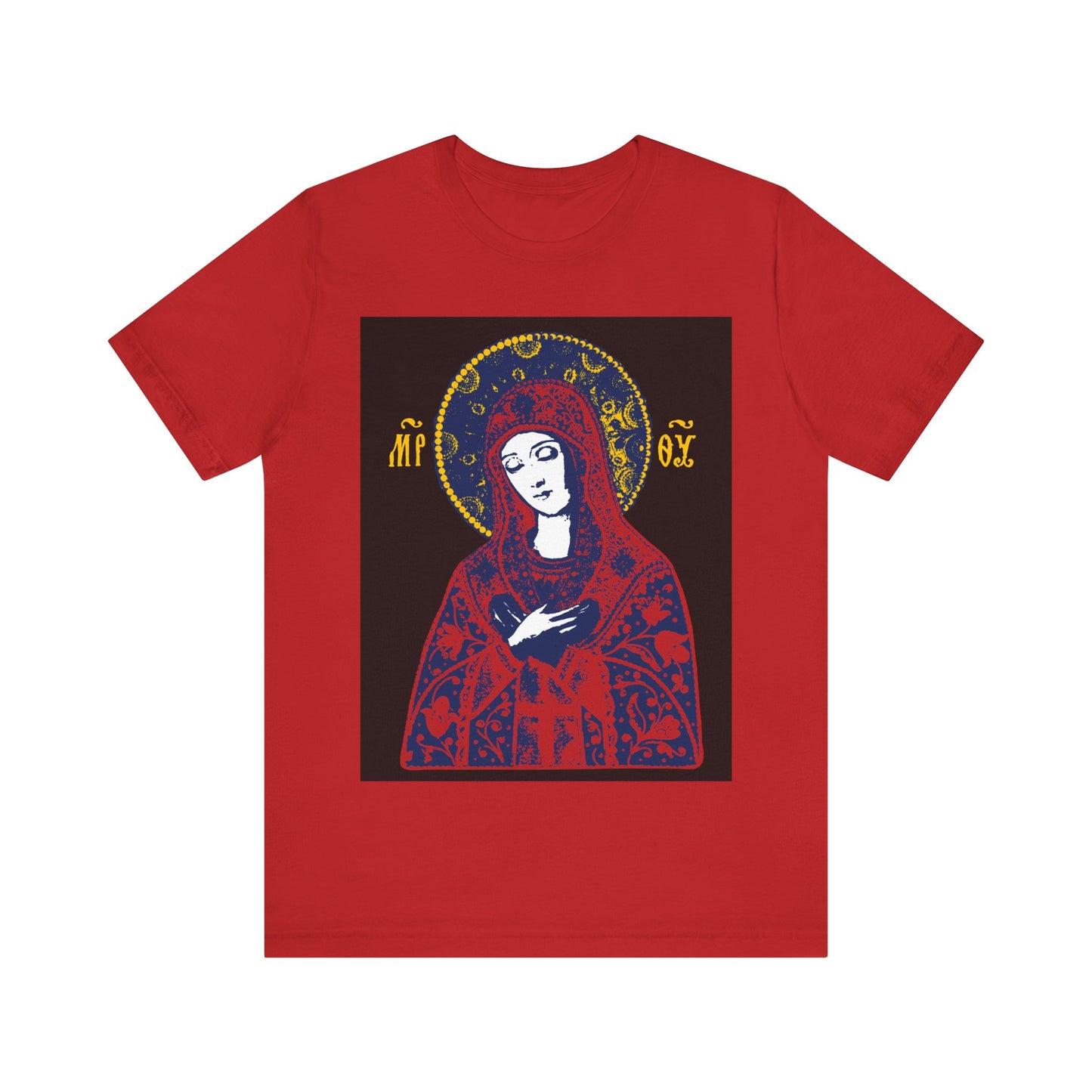 Bright red t-shirt featuring an iconographic design of the Theotokos inspired by Orthodox "Joy of All Joys Tenderness" iconography, with a golden halo and ornate details.