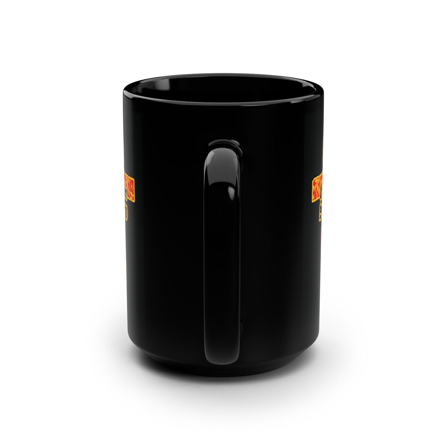 Black ceramic mug with handle, shown from the back on white background, featuring the "Every Knee Shall Bow" design with Isaiah 45:22-24 & Phil 2:7-11, gold and red floral Orthodox cross, and gothic lettering.