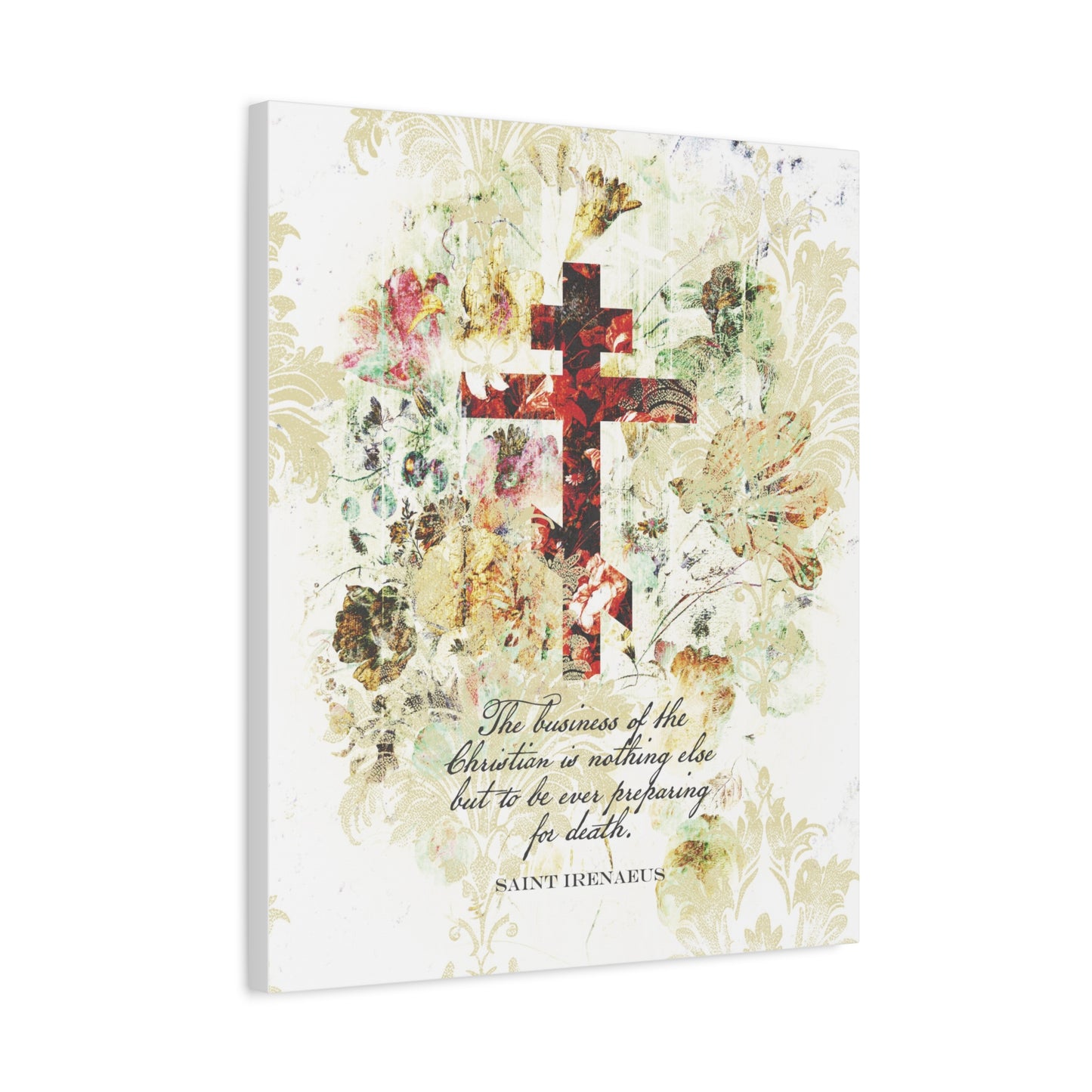 Preparing For Death | White & Beige Floral Scrapbook Texture Cross | Arts & Crafts Style | St Irenaeus | Orthodox Christian Canvas Art