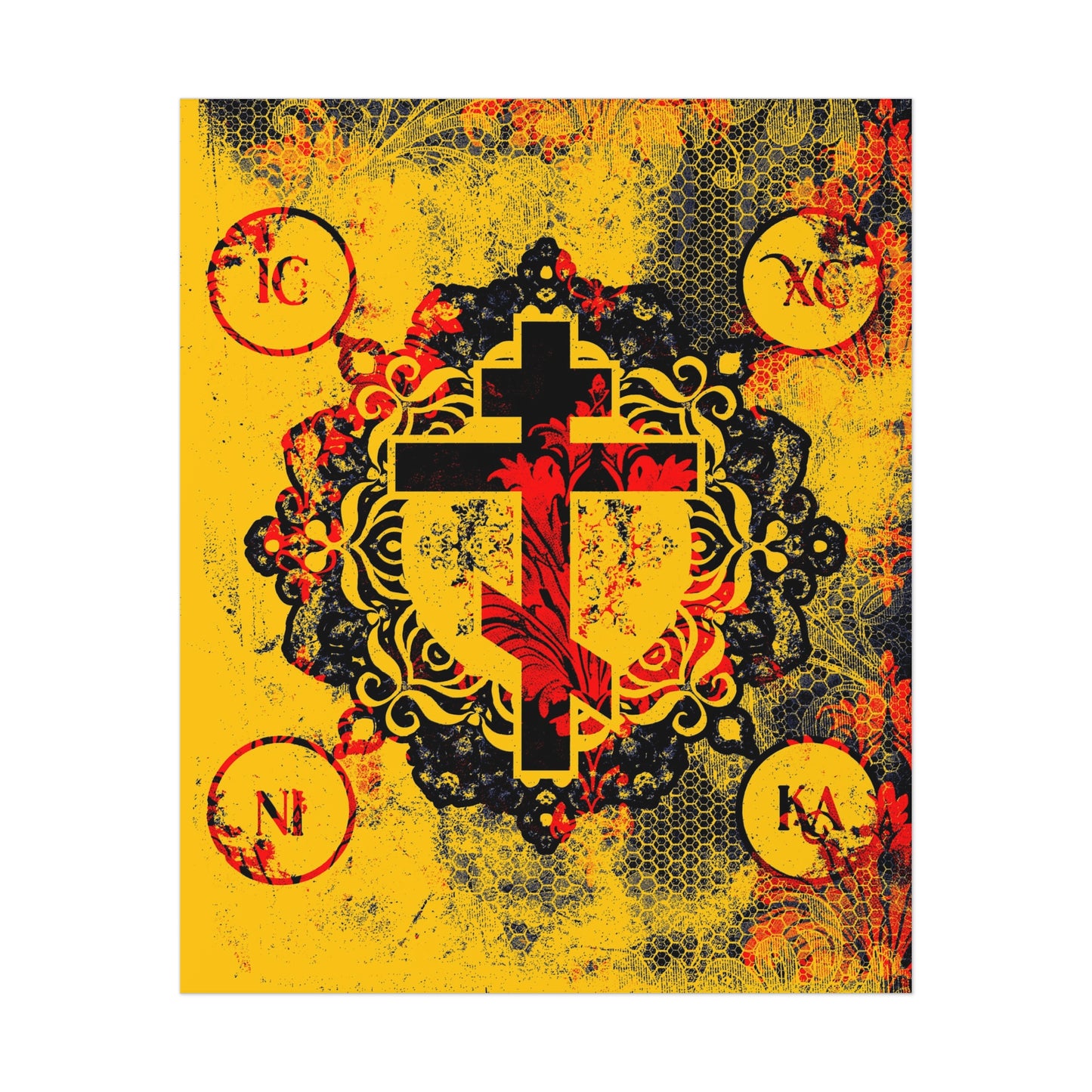 IC XC NIKA Orthodox Cross | Yellow & Red Modern & Medieval Textured Floral Design | Orthodox Christian Art Poster