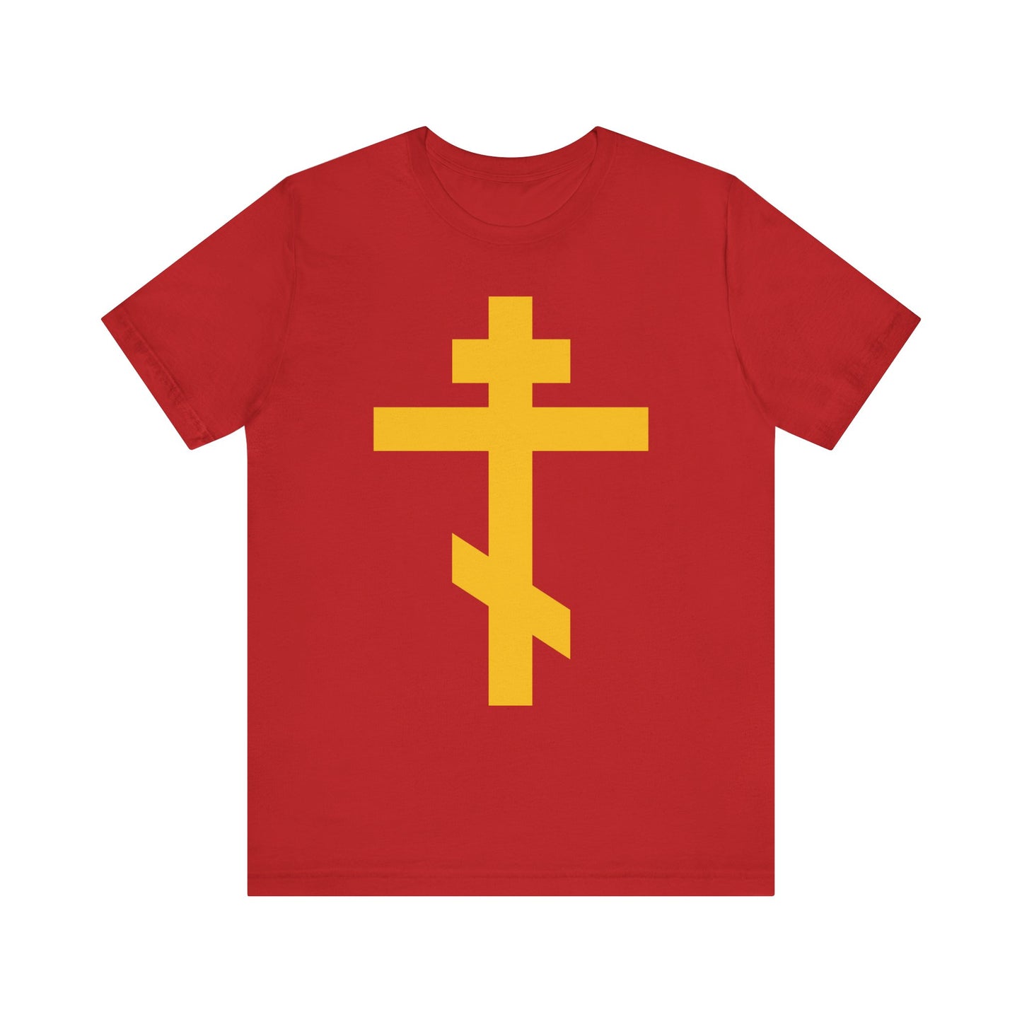 Experience meaningful moments of Christian meditation and reflection with the "Yellow Orthodox Cross | Precious and Life-Giving Weapon of Unseen Warfare | Scourge of Demons"—a lightweight unisex cotton tee featuring a bold yellow Eastern Orthodox cross on rich red fabric, inspired by Galatians 2:20 and the call to be crucified with Christ.