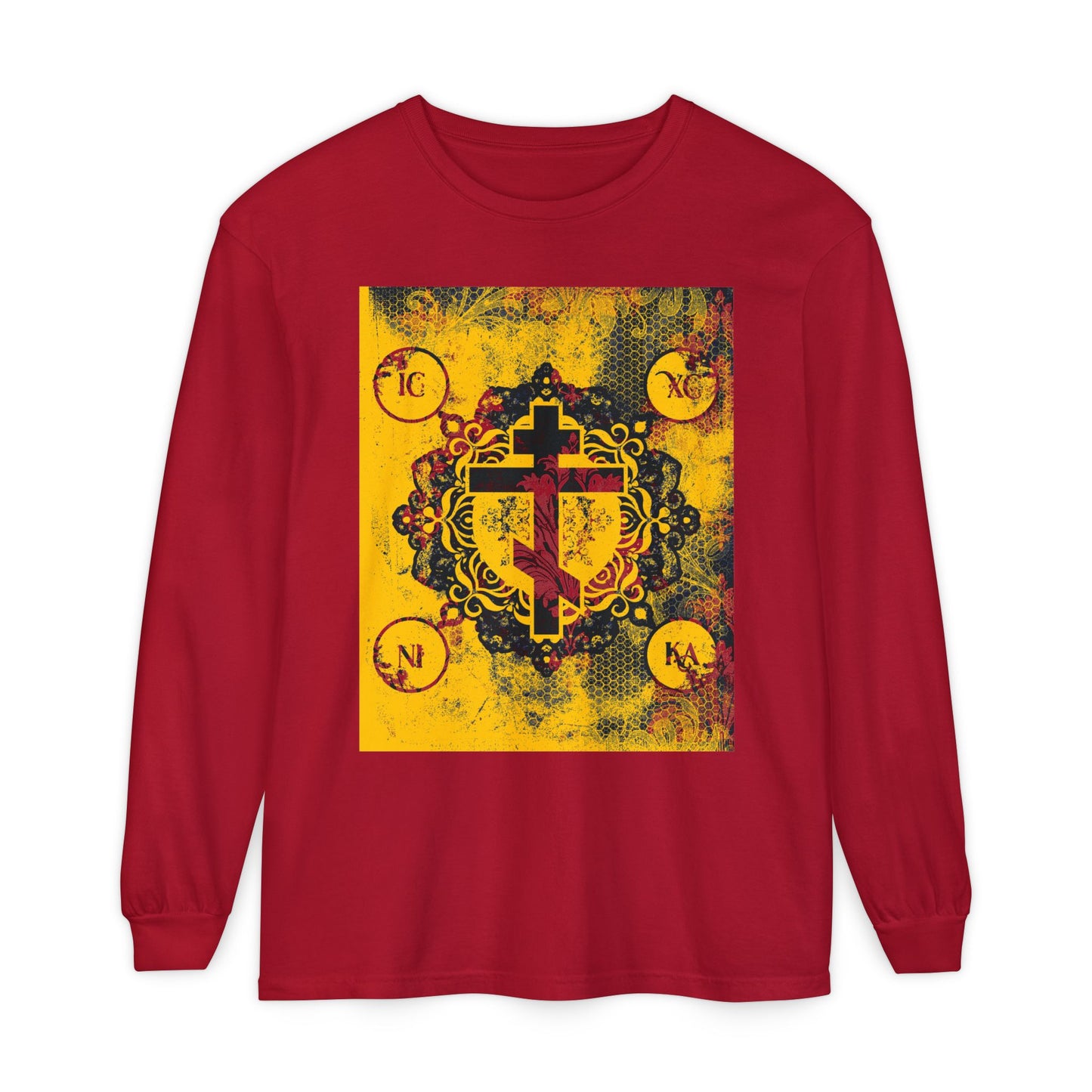 IC XC NIKA Orthodox Cross | Yellow & Red Modern & Medieval Textured Floral Design | Orthodox Christian Long Sleeve Shirt