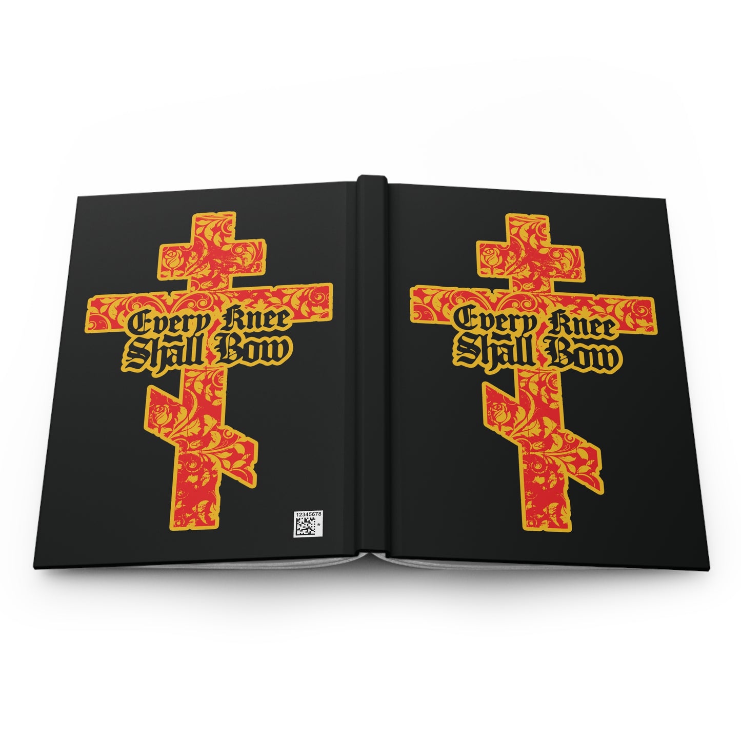 Christian journal titled "Every Knee Shall Bow (Isaiah 45:22-24, Phil 2:7-11)" features gold and red floral Orthodox crosses with gothic lettering on a black cover, symbolizing the righteousness of Jesus Christ.