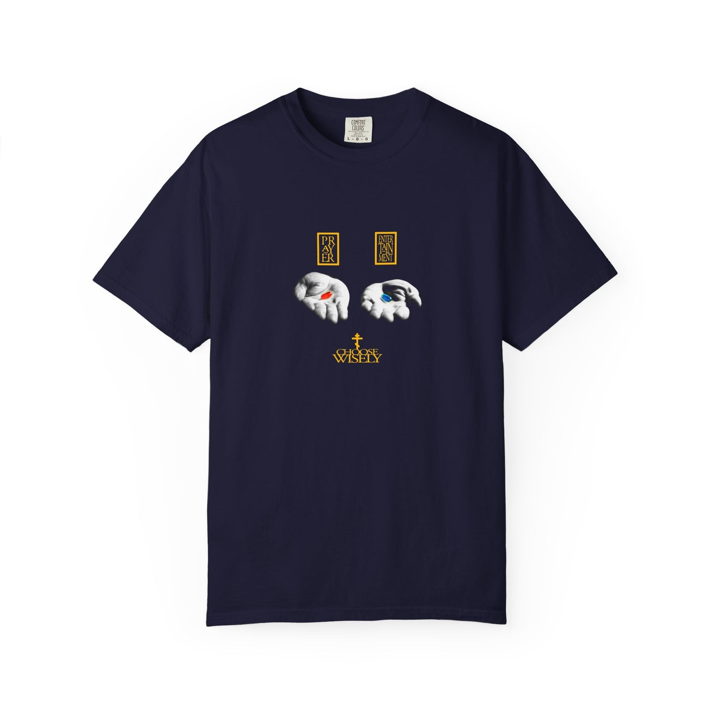 True Navy heavyweight cotton t-shirt featuring an Orthodox Christian-inspired "Red Pill, Blue Pill - Prayer Vs Entertainment - Choose Wisely" motif from The Matrix; showcases two hands holding red and blue pills, with "CHOOSE WISELY" text and two yellow rectangles above—a subtle nod to spiritual contemplation in modern secular society.