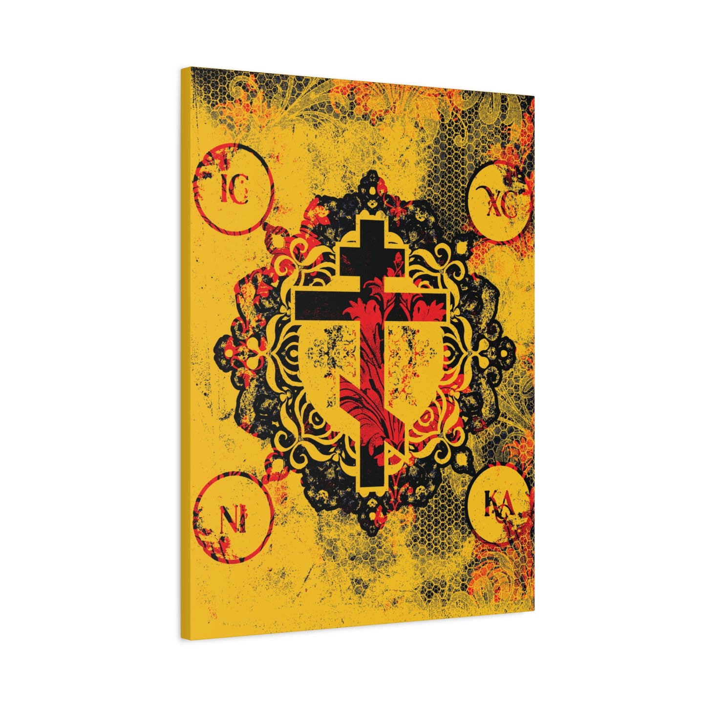 IC XC NIKA Orthodox Cross | Yellow & Red Modern & Medieval Textured Floral Design | Orthodox Christian Canvas Art