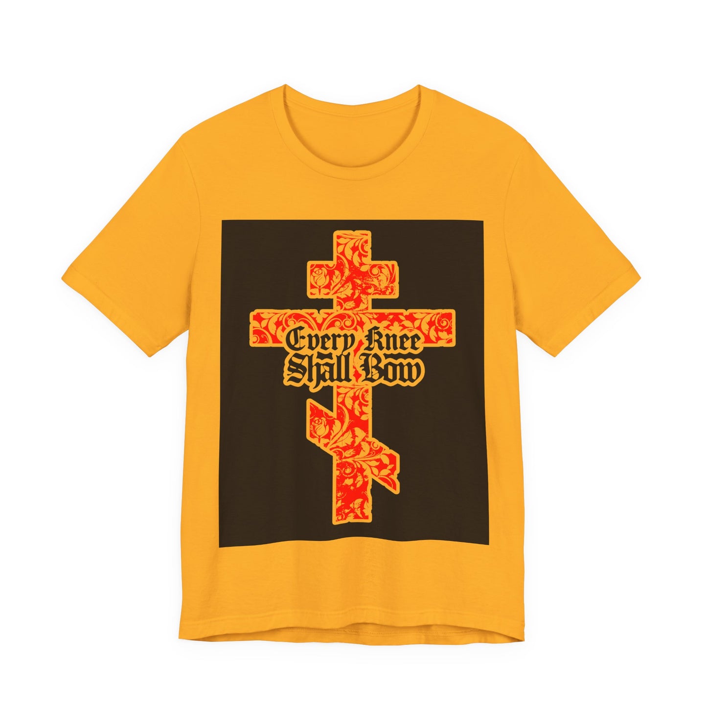 The "Every Knee Shall Bow" Christian unisex tee features a gold and red floral texture Orthodox cross with gothic lettering, inspired by Isaiah 45:22-24 and Philippians 2:7-11.