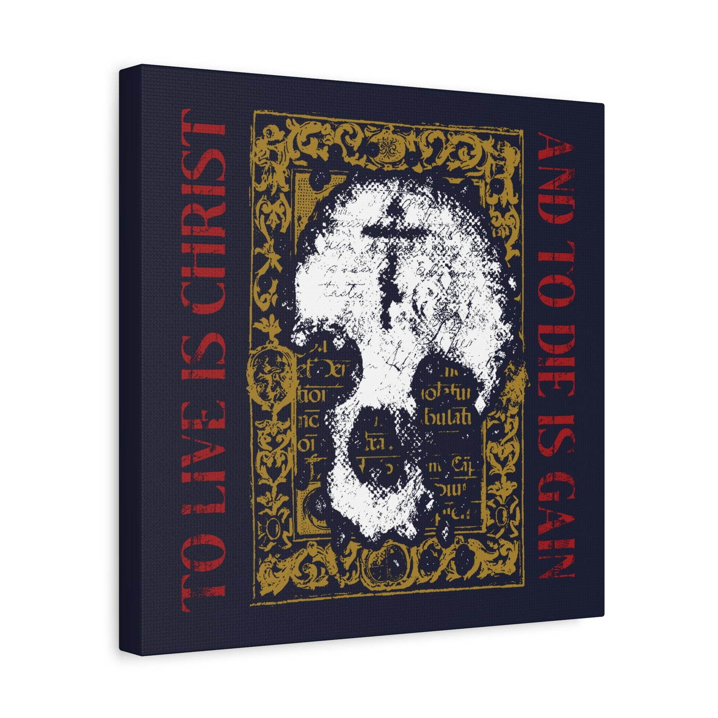 To Live is Christ, to Die is Gain (Philippians 1:21) | Skull with Cross on Gold Manuscript Texture | Orthodox Christian Canvas Art