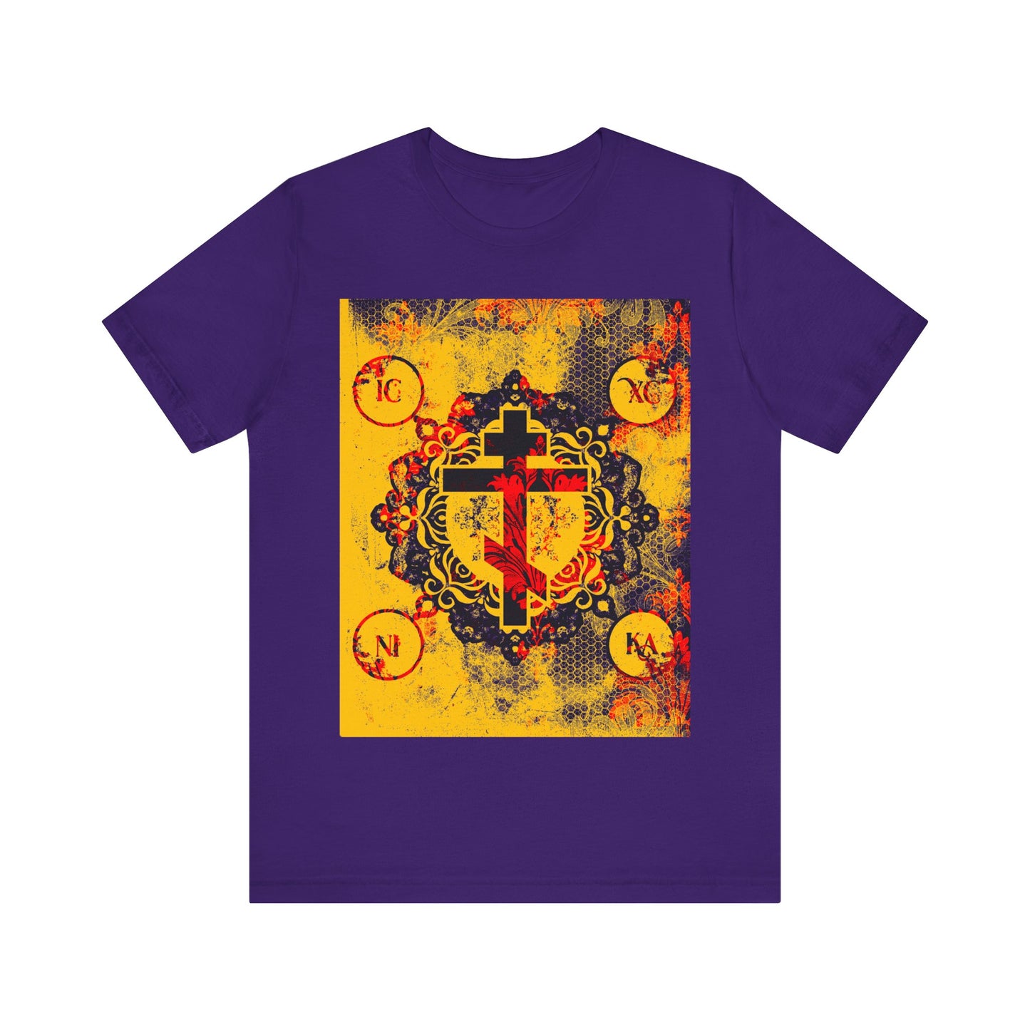 Team Purple IC XC NIKA Orthodox Cross t-shirt features a modern and medieval yellow & red floral design, combining textured patterns with Orthodox Christian symbolism for a unique faith-inspired look.