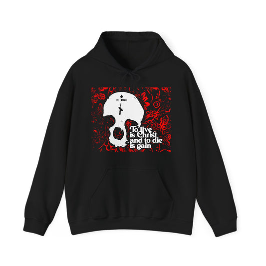 To Live is Christ To Die is Gain (Phil 1:21) | Skull with Cross on Red Floral Texture | Orthodox Christian Hoodie / Hooded Sweatshirt