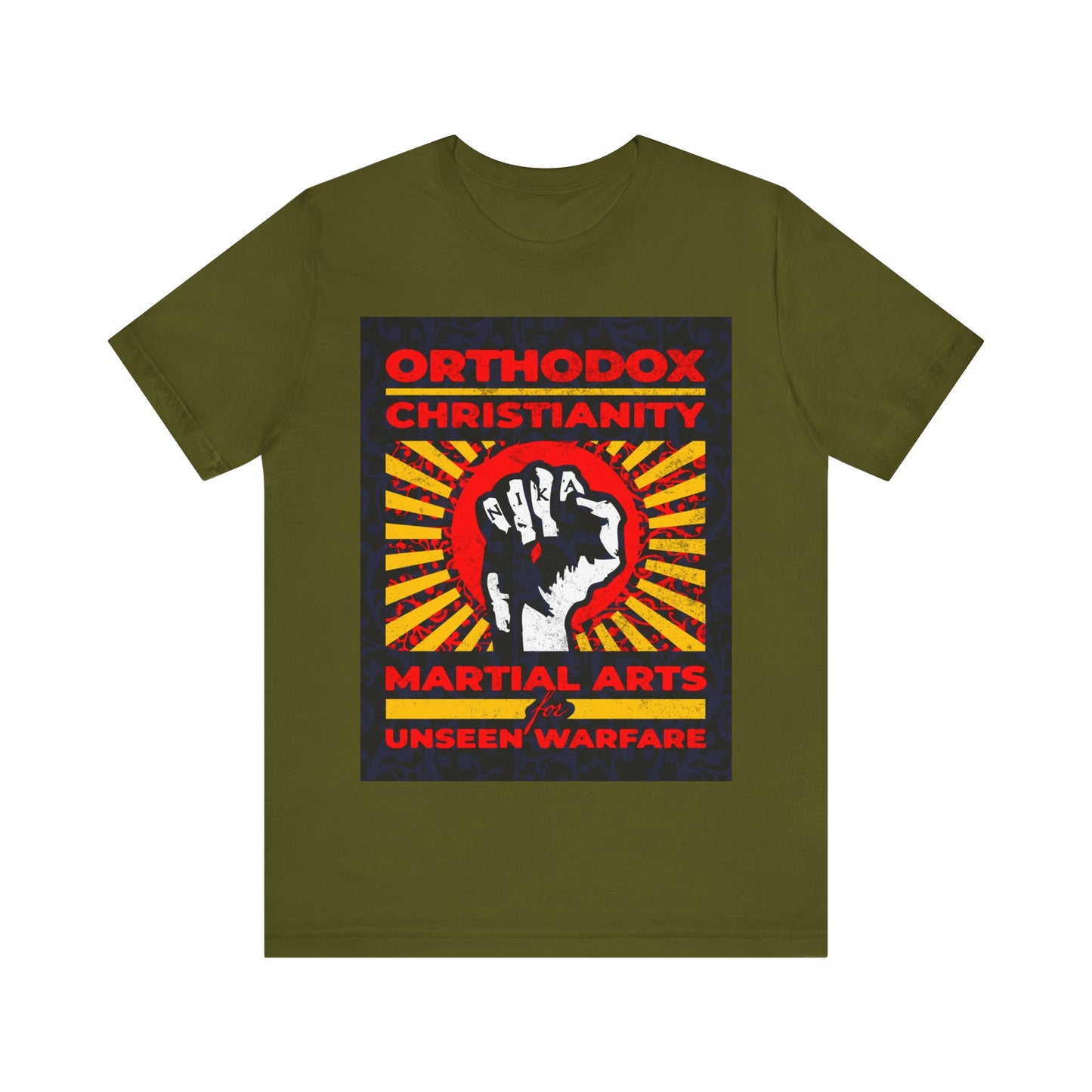 Orthodox Christianity: Martial Arts for Unseen Warfare | NIKA Jesus Fist on Colorful Sunburst Design | Orthodox Christian T-Shirt