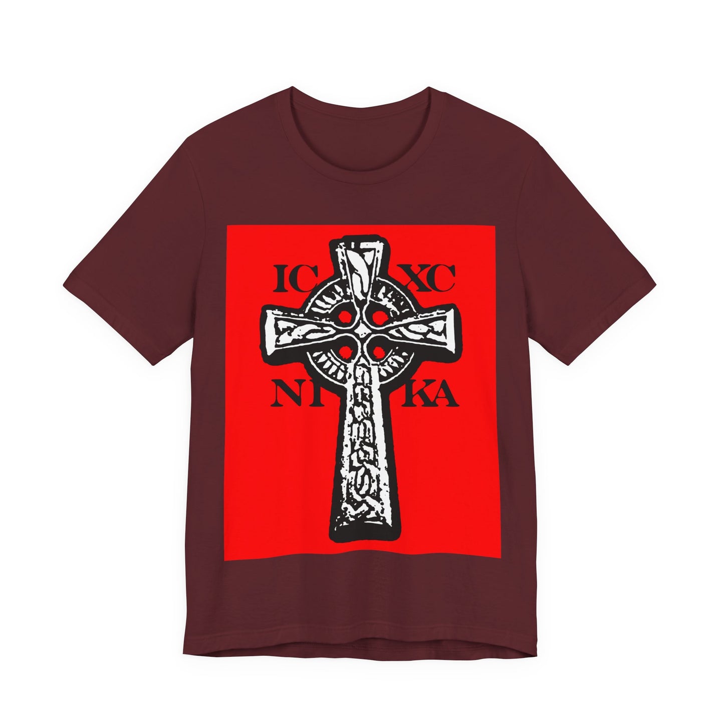 Maroon t-shirt featuring the ICXC NIKA Celtic Knotwork Cross in black and white on a bold red background, symbolizing Christ's victory, inspired by traditional Orthodox Christian design.