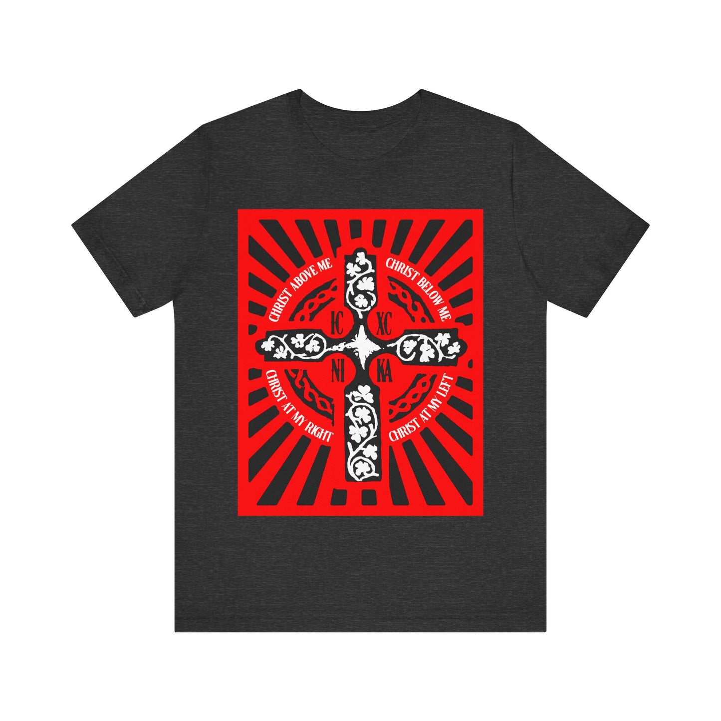 Red ICXC NIKA Enniskillen Celtic Cross | Lorica of St. Patrick | Shield Prayer | Orthodox Christian Cotton T-Shirt