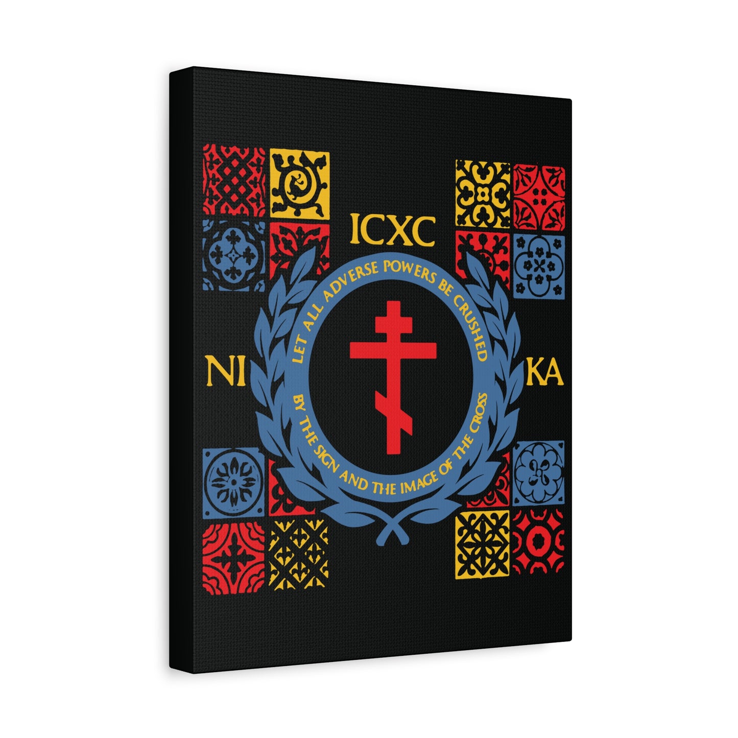 Let All Adverse Powers Be Crushed (Red, Yellow & Blue Design) | ICXC NIKA | Medieval Tile Design | Orthodox Christian Canvas Art