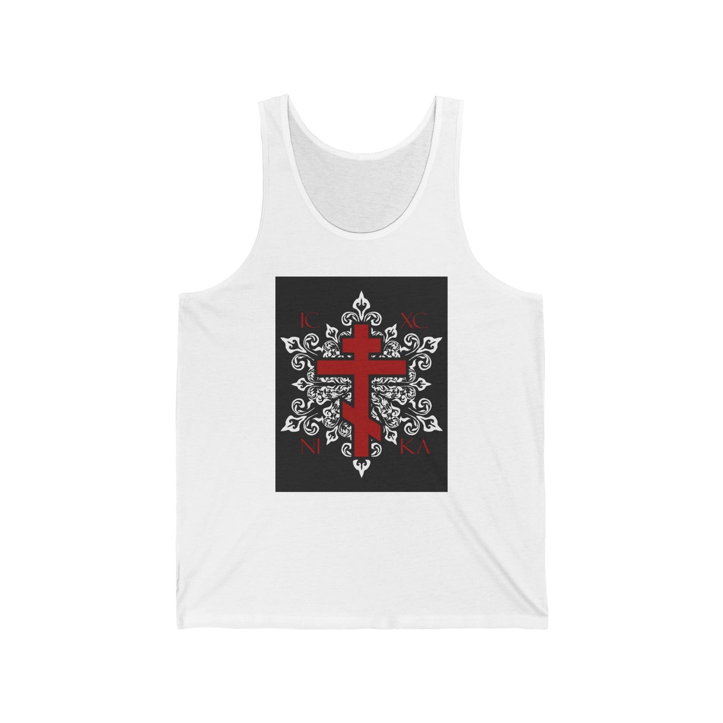 ICXC / NIKA Red Orthodox Cross on Ornate White Medieval Floral Design | Exclusive Best-Selling | Orthodox Christian Jersey Tank Top
