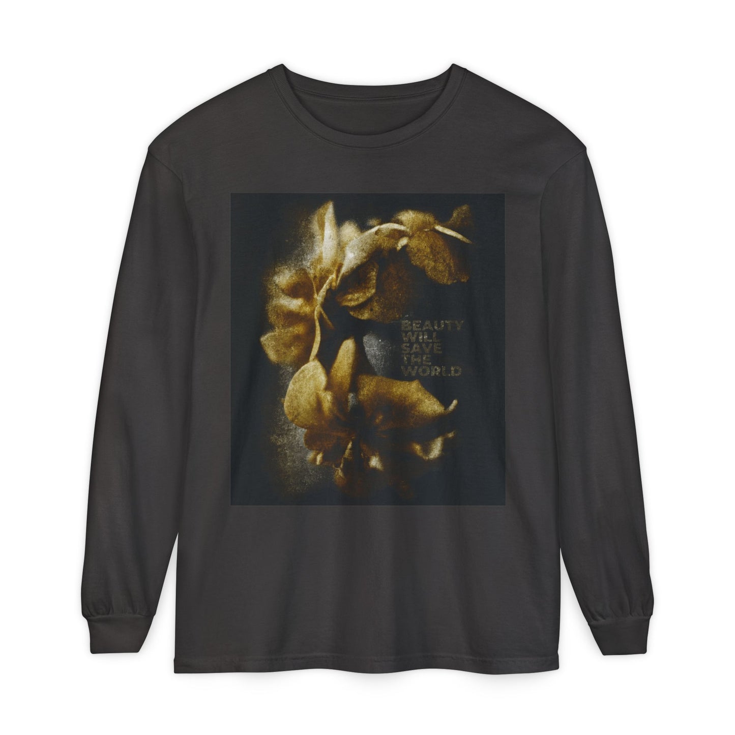Graphite long-sleeve shirt featuring original photographic artwork and the phrase "Beauty Will Save the World"—a unique Christian design inspired by Dostoevsky, glorifying Jesus Christ as Universal Creator & King.