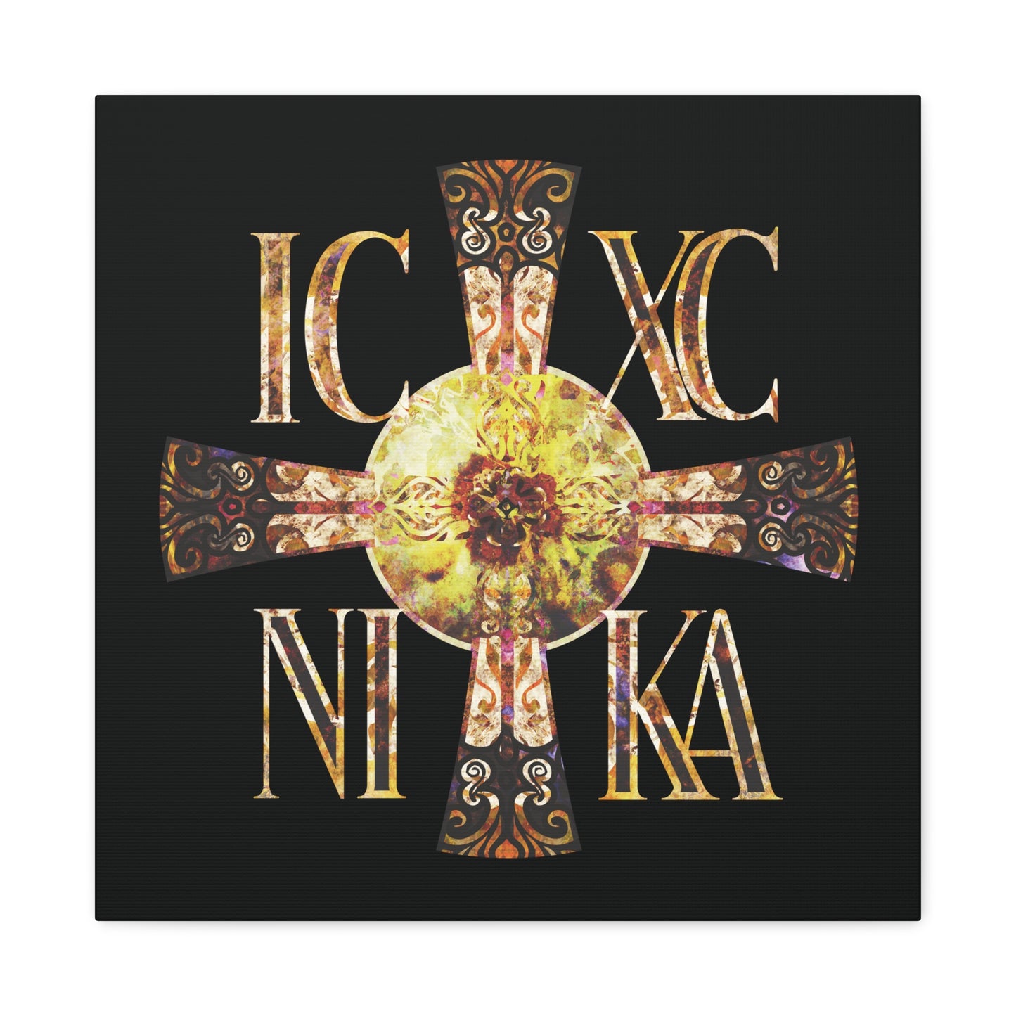 ICXC NIKA Celtic Style Equal Armed Cross | Bright Solar Texture | Orthodox Christian Canvas Art