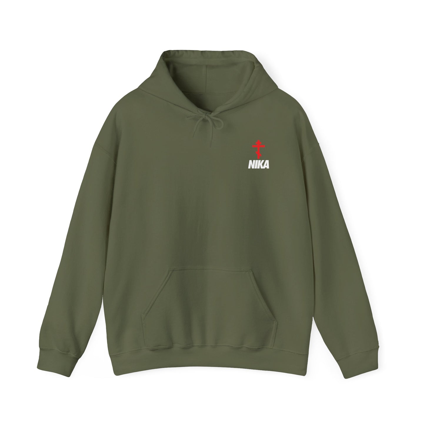 Military Green "NIKA Orthodox Cross (Small Design)" hoodie featuring a front pocket and small red and white Christogram logo inspired by Orthodox iconography; NIKE logo mashup for Christian activewear style.