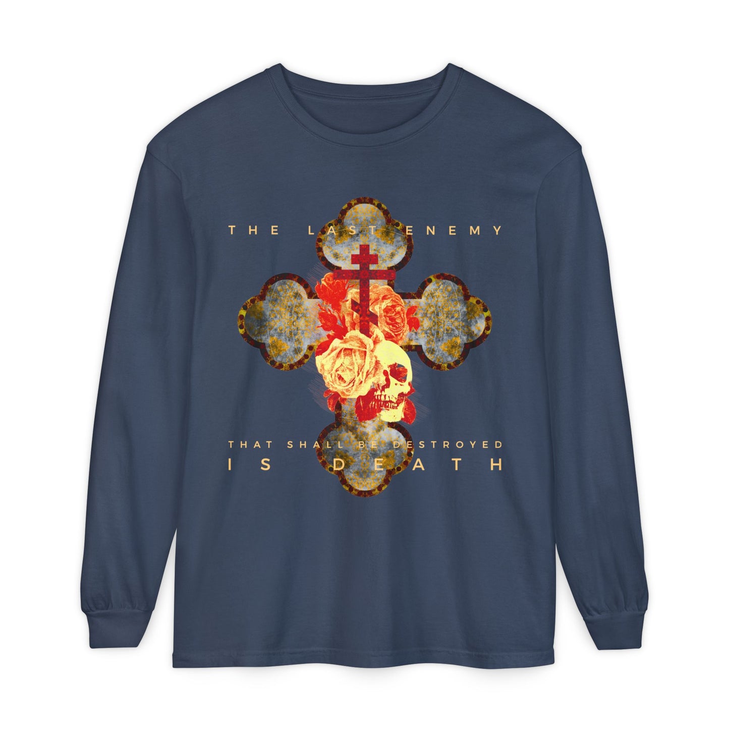 Remembrance of Death “The Final Enemy That Shall Be Destroyed Is Death (1 Cor 15:26)” long sleeve features a metallic gothic cross with a rose and skull graphic, styled with blue fabric and Orthodox Christian inspiration.
