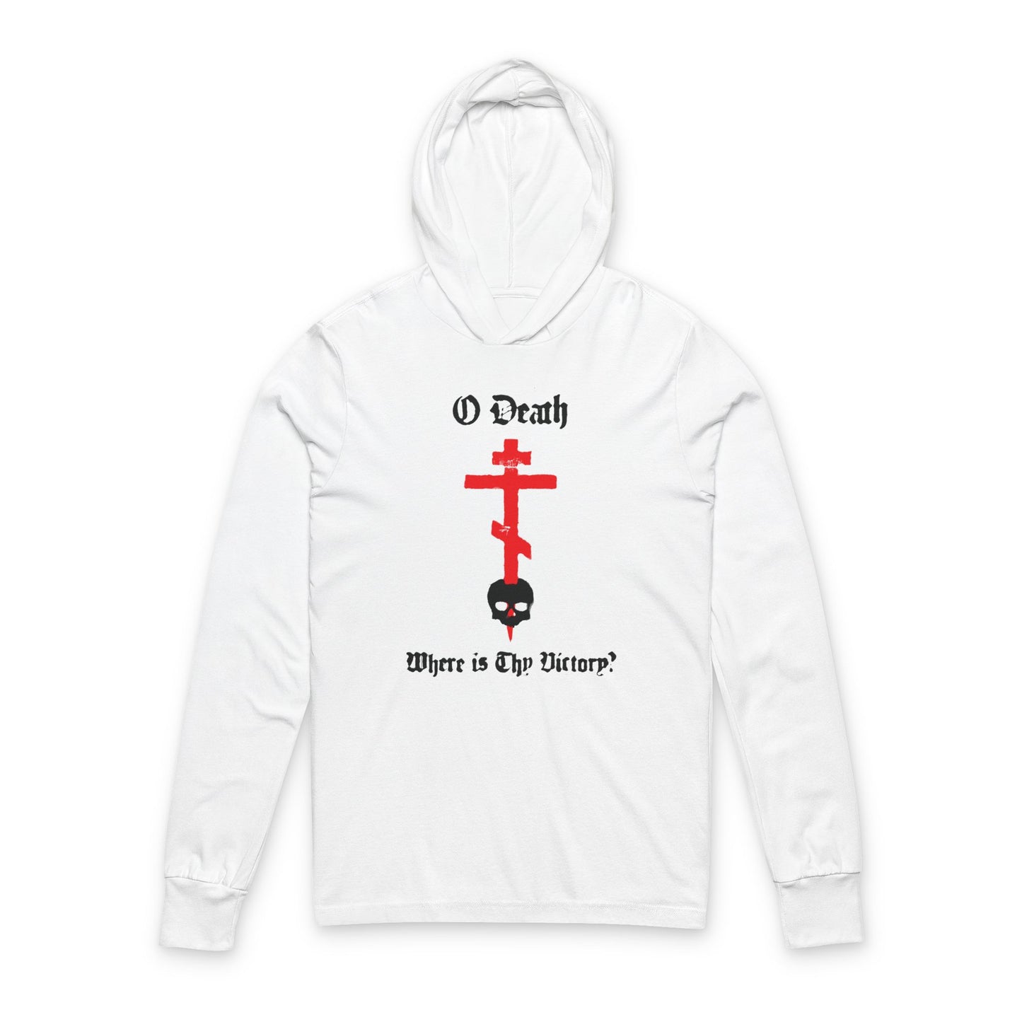 O Death Where is Thy Victory? 1 Cor 15:55 | Cross Stabbing Skull | Spraypaint Aesthetic | Orthodox Christian Long Sleeve Hooded Shirt