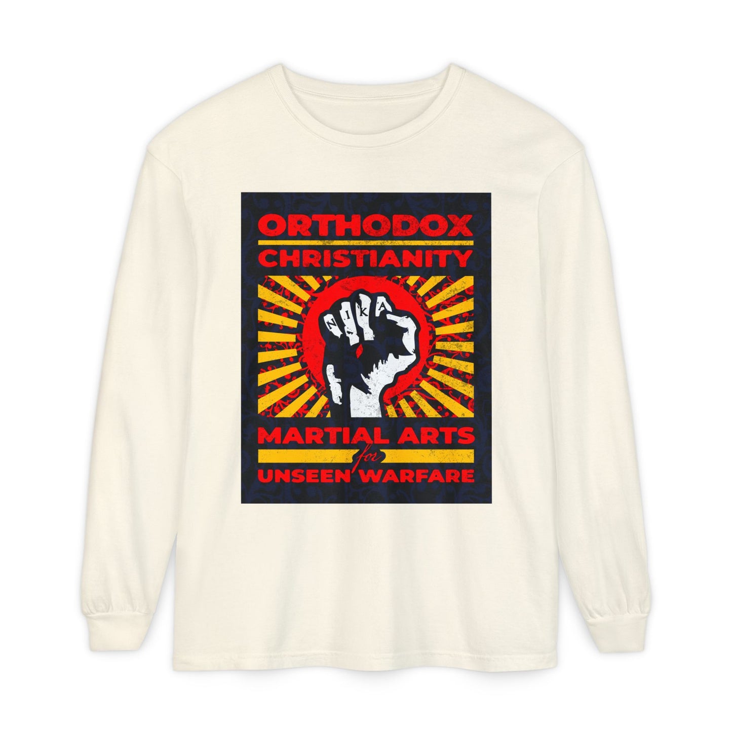 Orthodox Christianity: Martial Arts for Unseen Warfare | NIKA Jesus Fist on Colorful Sunburst Design | Orthodox Christian Long Sleeve Shirt