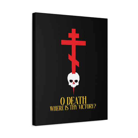 A red Orthodox cross pierces a skull above yellow “O Death Where is Thy Victory?” text on black in this "O Death Where is Thy Victory? (1 Corinthians 15:55) | Cross Stabbing Skull" Orthodox Christian canvas art.