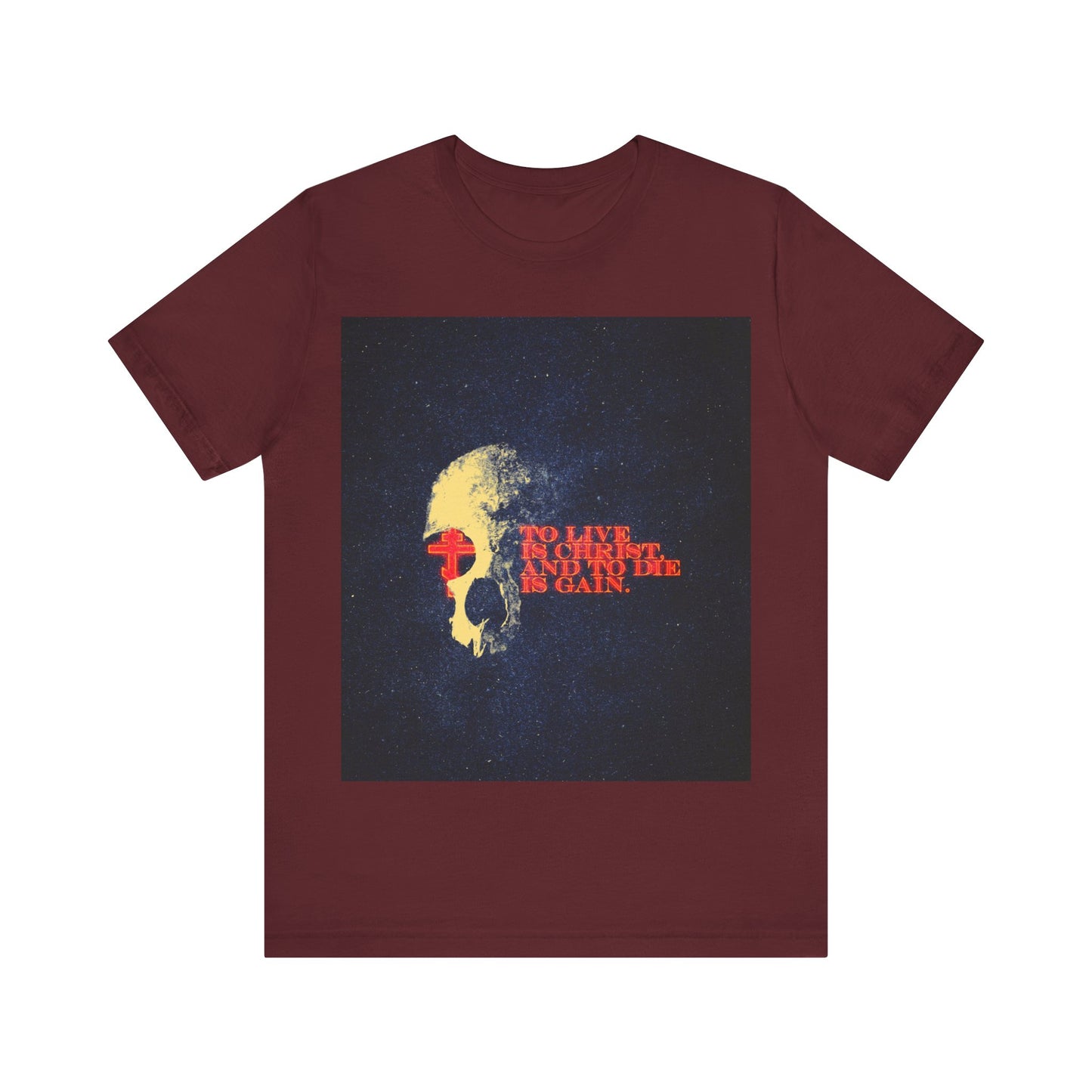 To Live is Christ and to Die is Gain | Phil 1:21 | Retro Texture | Glowing Letters and Cross with Skull | Orthodox Christian T-Shirt