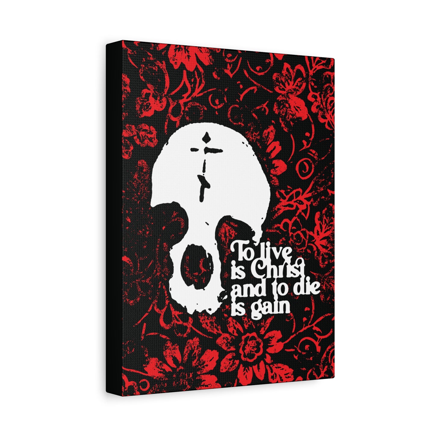 To Live is Christ To Die is Gain (Phil 1:21) | Skull with Cross on Red Floral Texture | Orthodox Christian Canvas Art