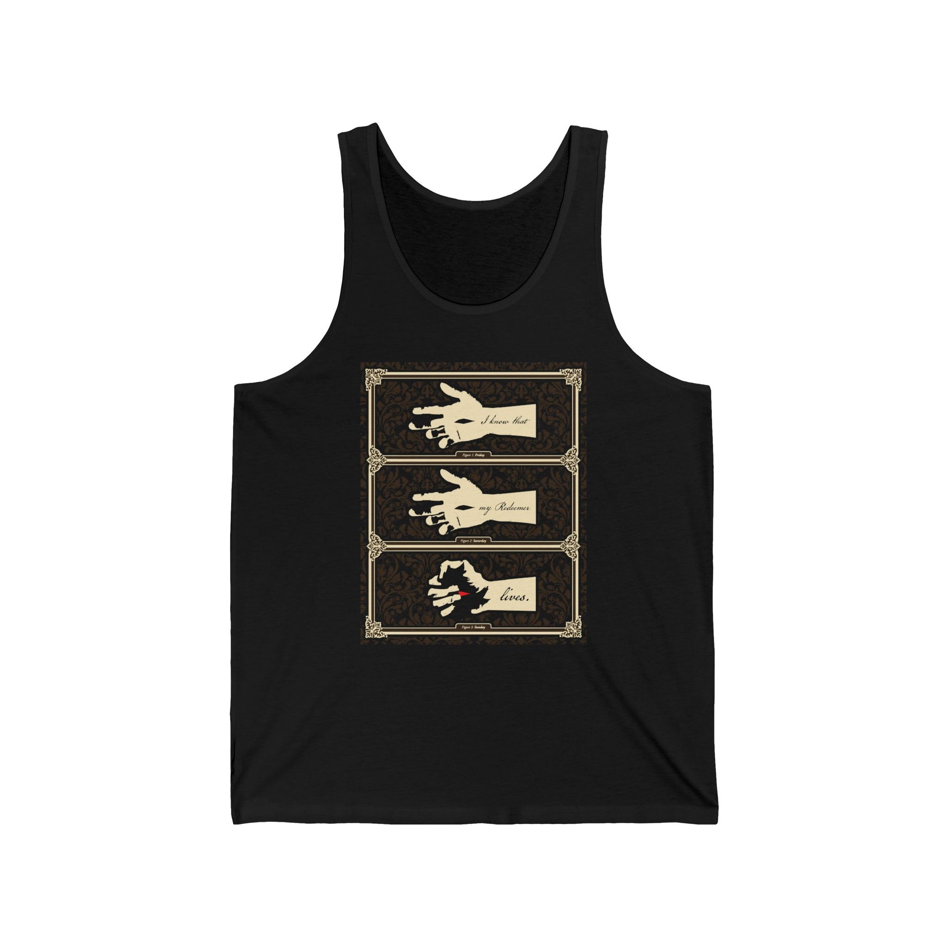 Black tank top featuring three vintage-style hand illustrations in ornate frames, themed around Christ's crucifixion and resurrection, with elegant script inspired by "I Know That My Redeemer Lives" (Job 19:25); earthtone Americana style.