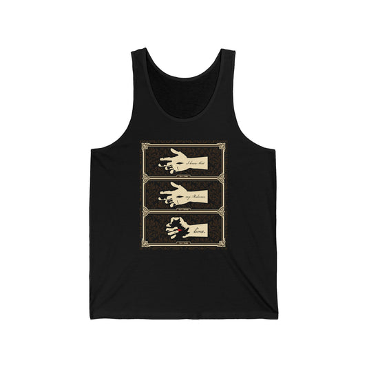 Black tank top featuring three vintage-style hand illustrations in ornate frames, themed around Christ's crucifixion and resurrection, with elegant script inspired by "I Know That My Redeemer Lives" (Job 19:25); earthtone Americana style.