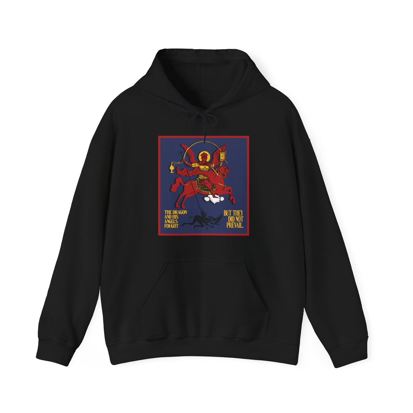 Archangel Michael of the Apocalypse IconoGraphic (Revelation 12:7-8) | Red Angel and Horse on Blue Background | Orthodox Christian Hoodie