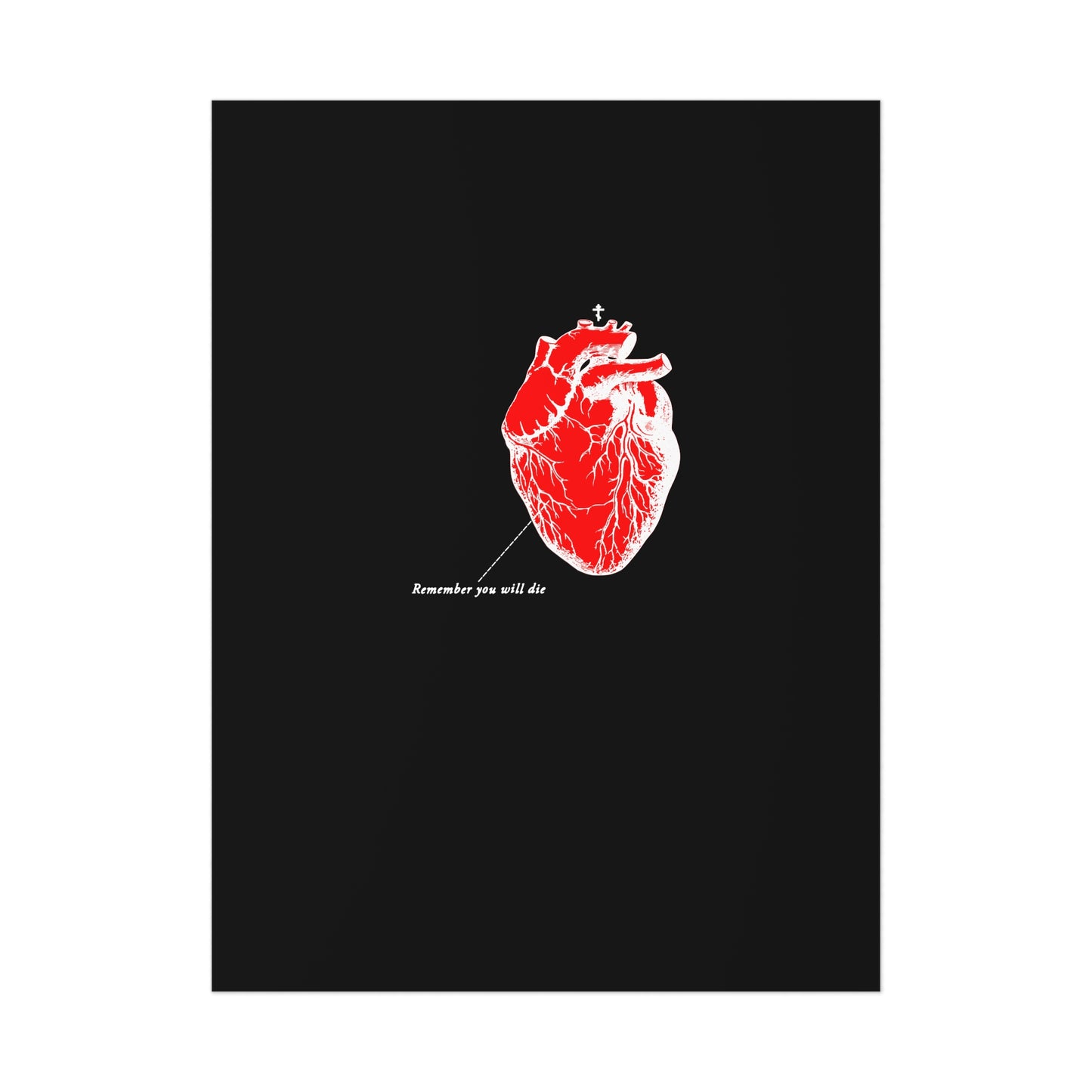 A red anatomical heart on a black background with Remember you will die in white text is printed on high-quality white cardstock using eco-friendly methods. The product name is Remember You Will Die | Retro Medical Textbook Heart Design | Inverted Shadows | Orthodox Christian Art Poster.