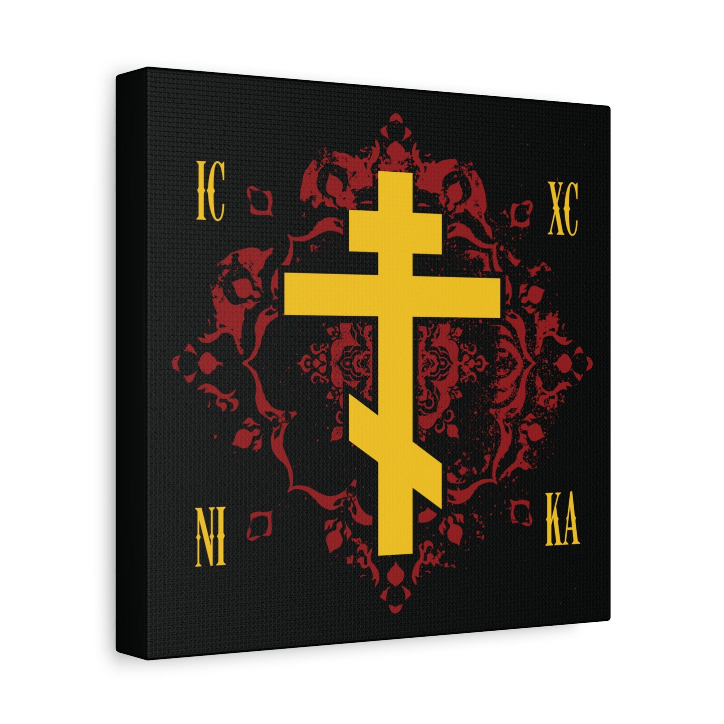The "ICXC NIKA Yellow Russian Cross on Ornate Red Background" canvas art features a gold Orthodox cross with Greek letters IC XC NI KA atop a red floral pattern against a black backdrop, symbolizing Jesus Christ’s victory.