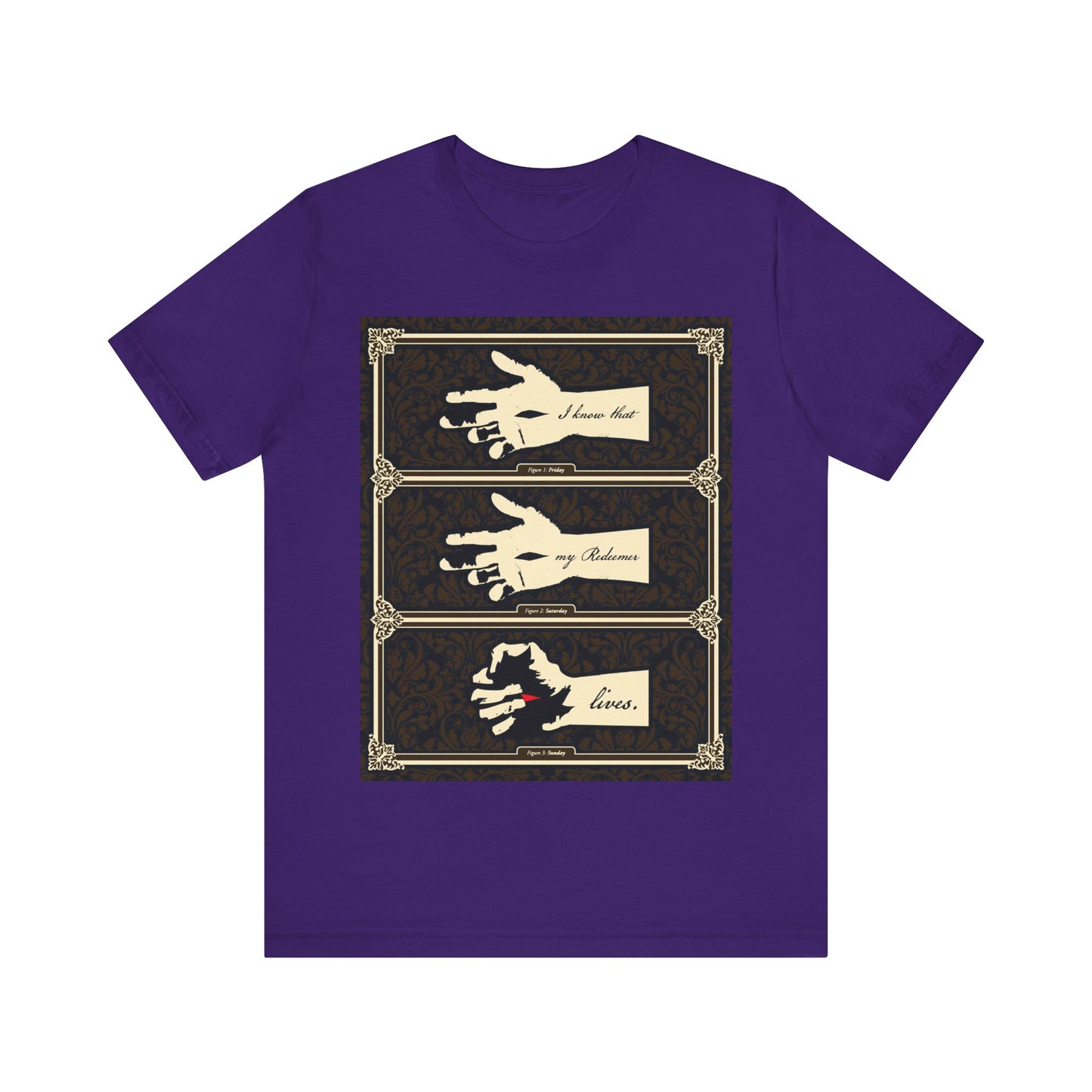 Team Purple "I Know That My Redeemer Lives" Orthodox Christian T-shirt features an earthtone Americana design with three illustrated crucified hands in ornate frames, reflecting spiritual struggle and loss.