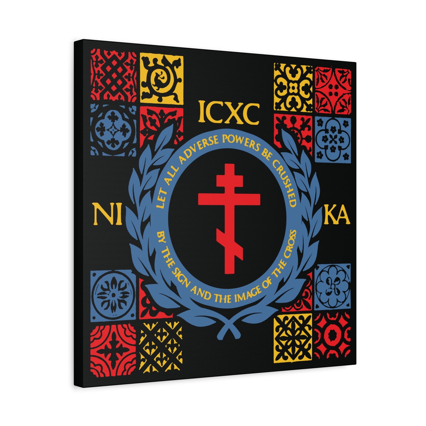 Let All Adverse Powers Be Crushed (Red, Yellow & Blue Design) | ICXC NIKA | Medieval Tile Design | Orthodox Christian Canvas Art